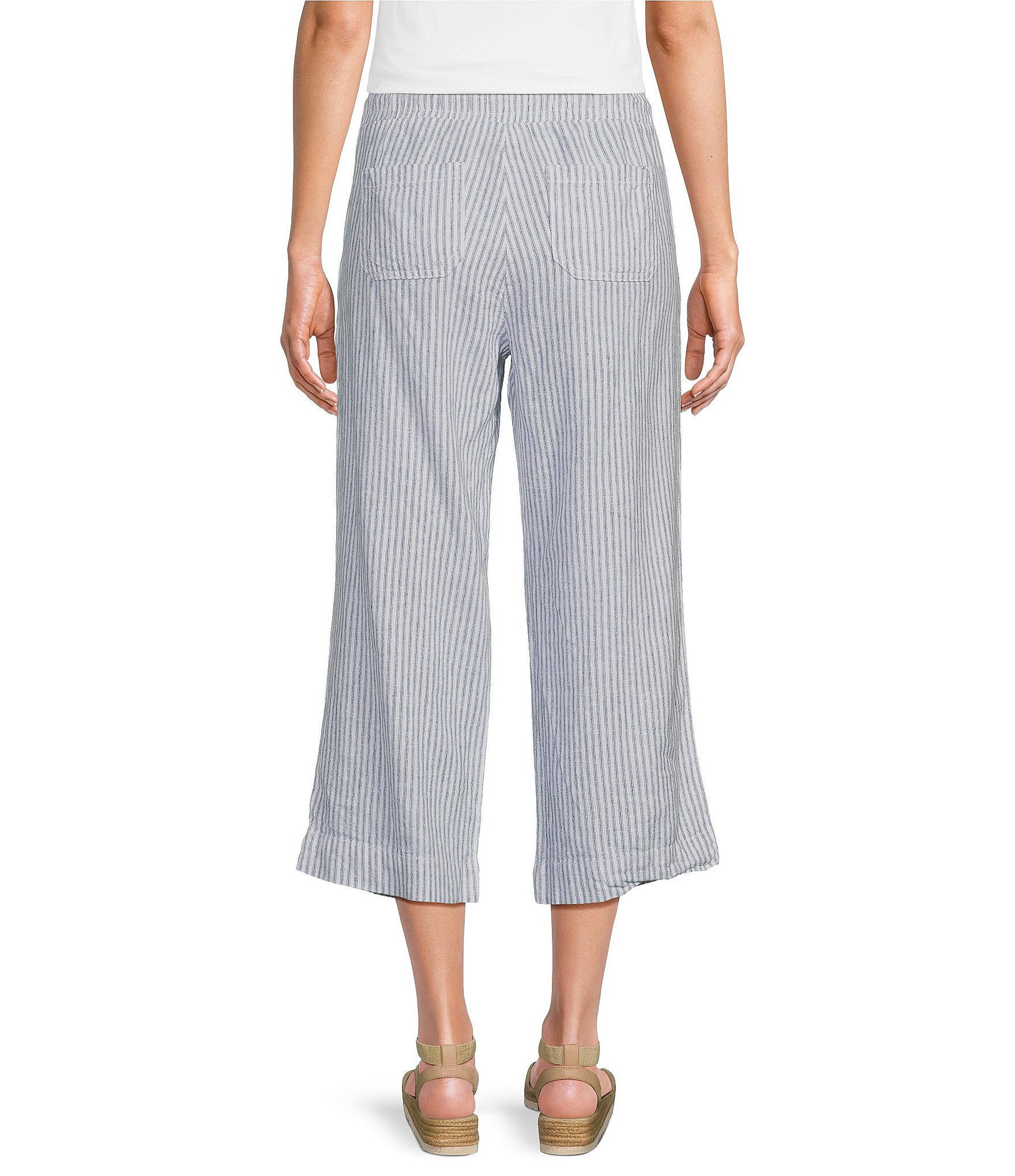 Westbound Petite Size Blue White Stripe Crop Linen Blend Pants