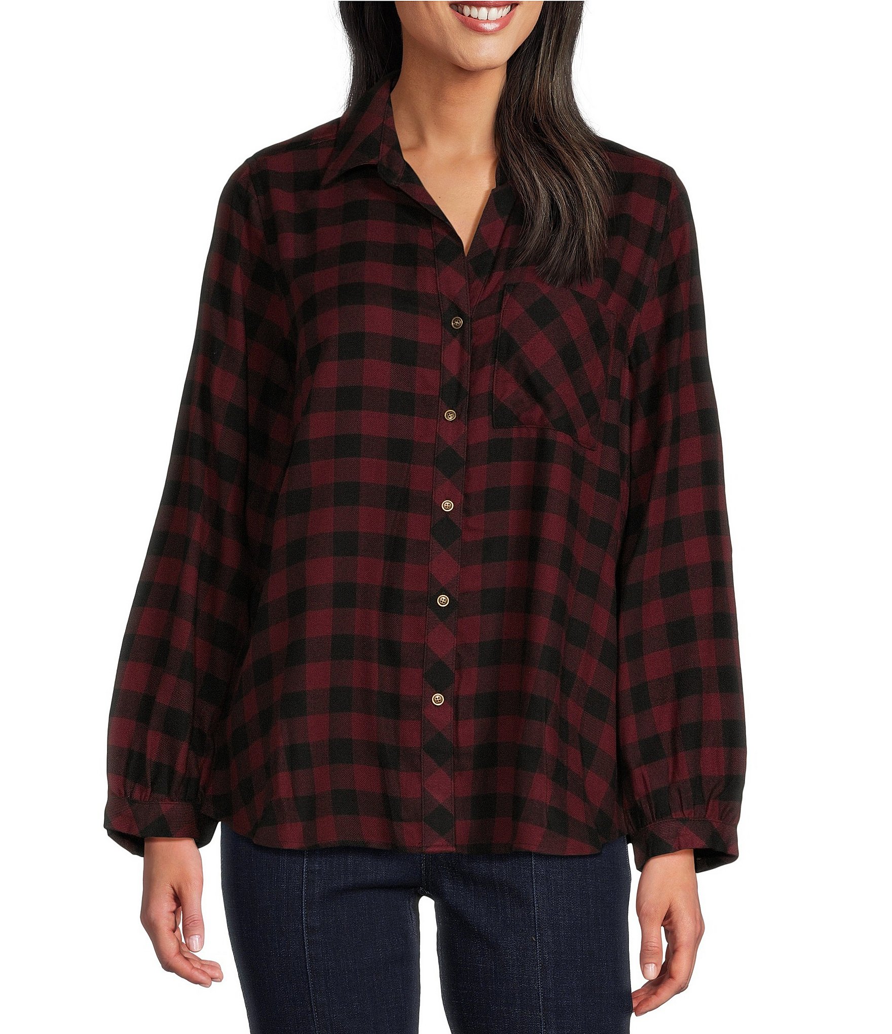 Westbound Petite Size Buffalo Plaid Print Long Sleeve Y-Neck Button Front Collared Top