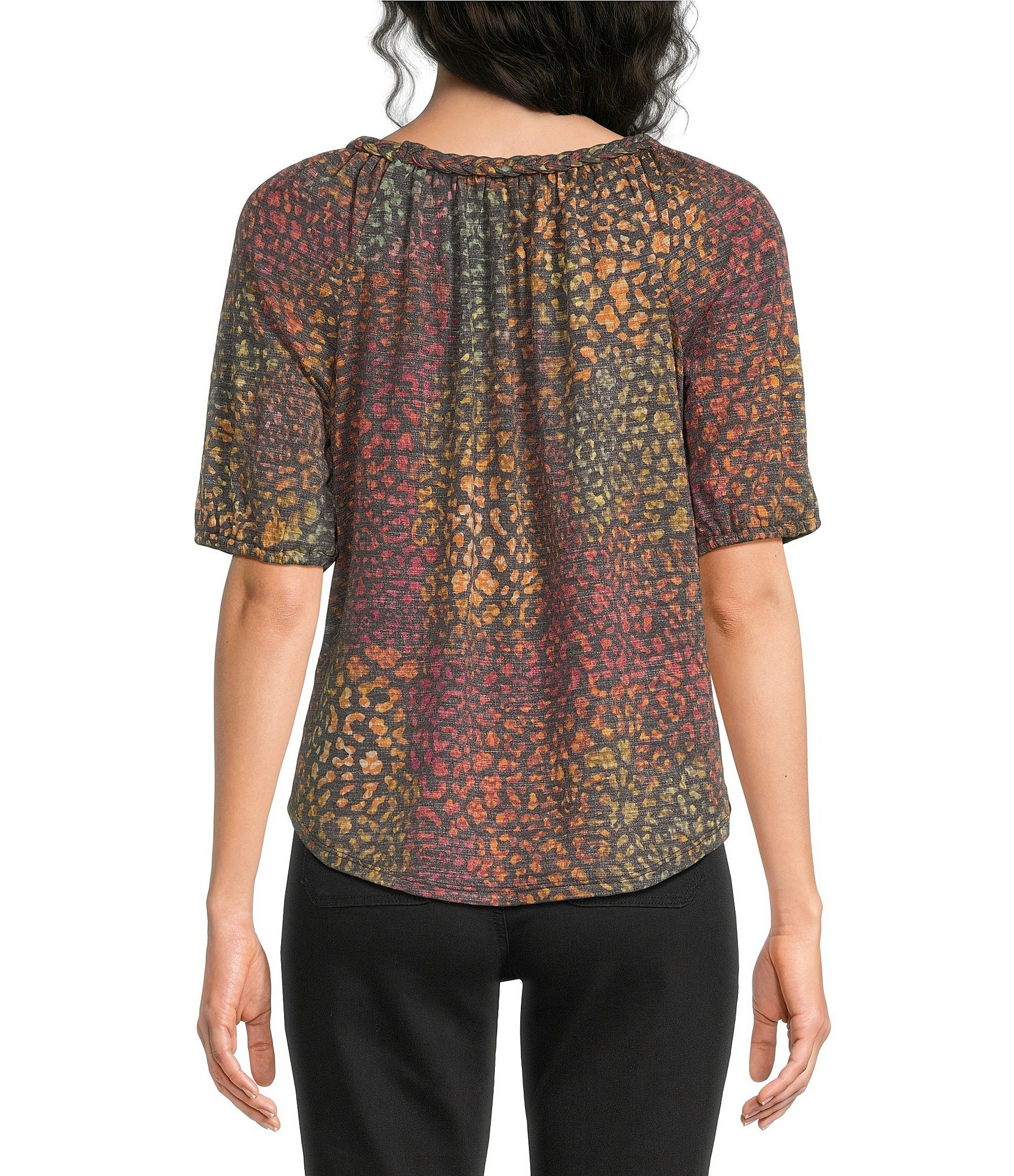 Westbound Petite Size Leopard Print Elbow Sleeve Crew Neck Knit Top