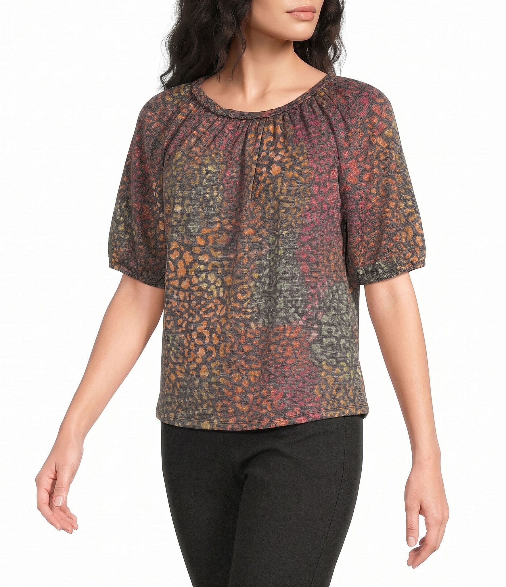 Westbound Petite Size Leopard Print Elbow Sleeve Crew Neck Knit Top