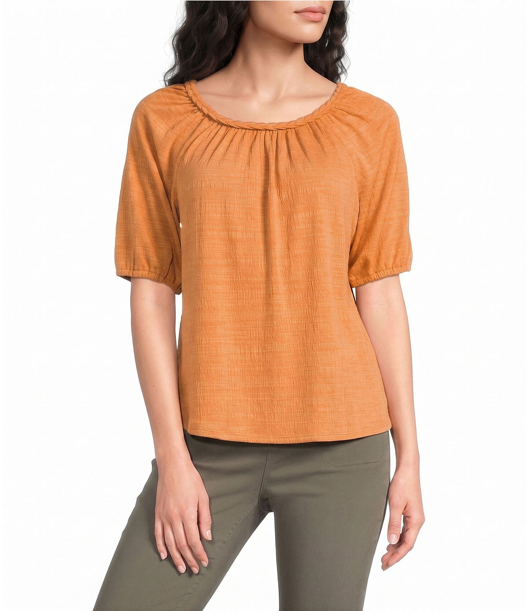 Westbound Petite Size Solid Braided Elbow Sleeve Crew Neck Knit Top