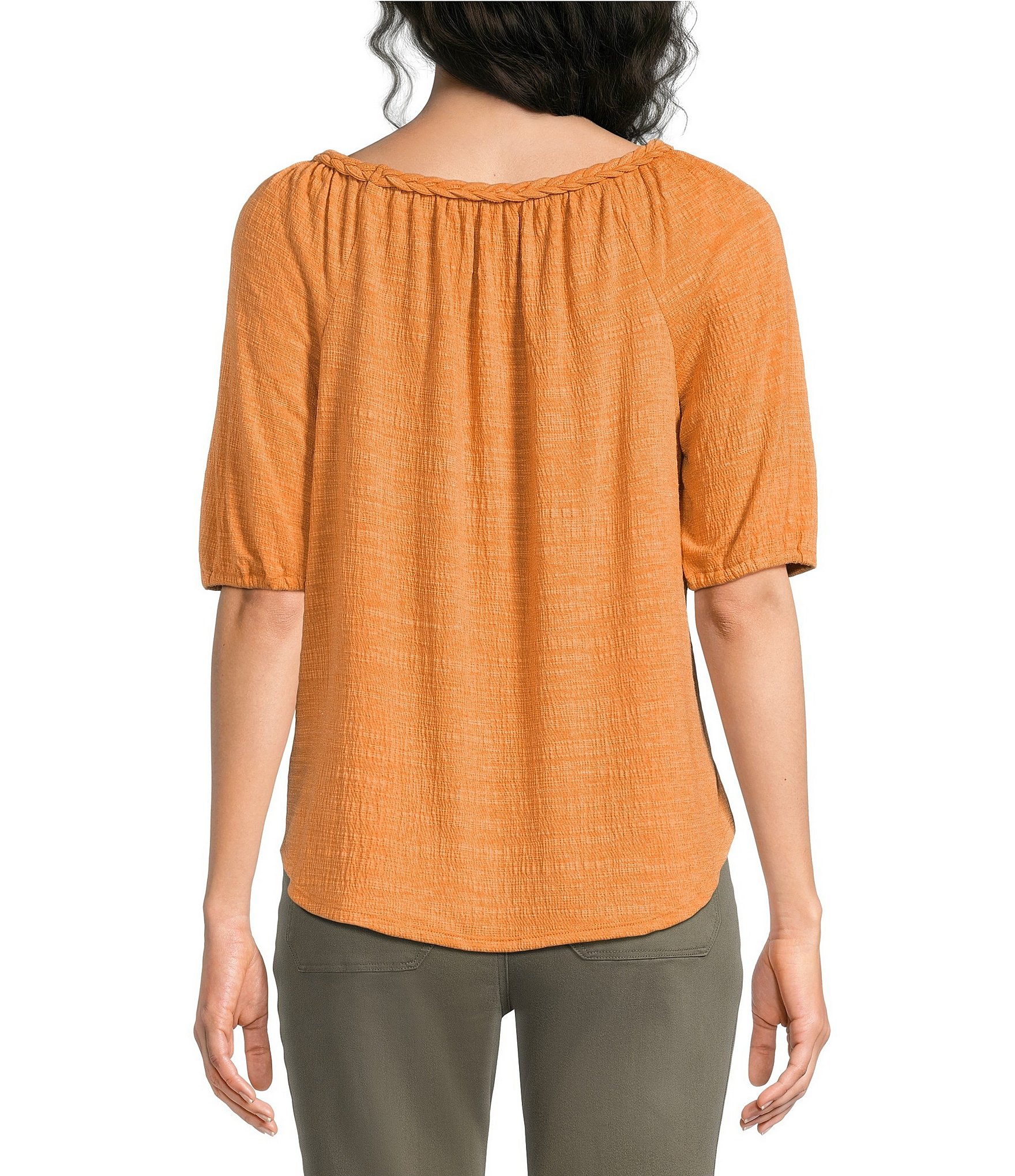 Westbound Petite Size Solid Braided Elbow Sleeve Crew Neck Knit Top