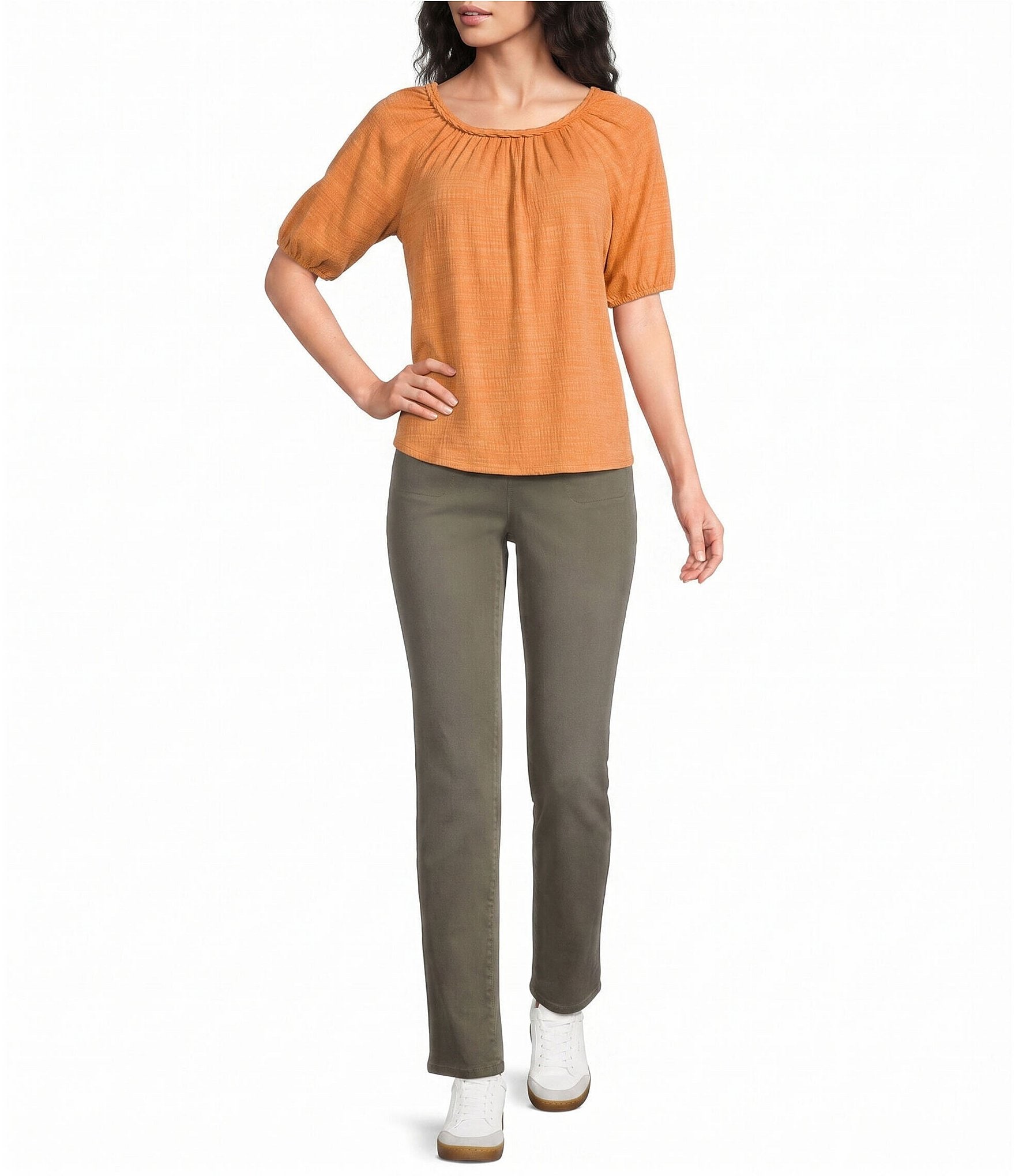 Westbound Petite Size Solid Braided Elbow Sleeve Crew Neck Knit Top