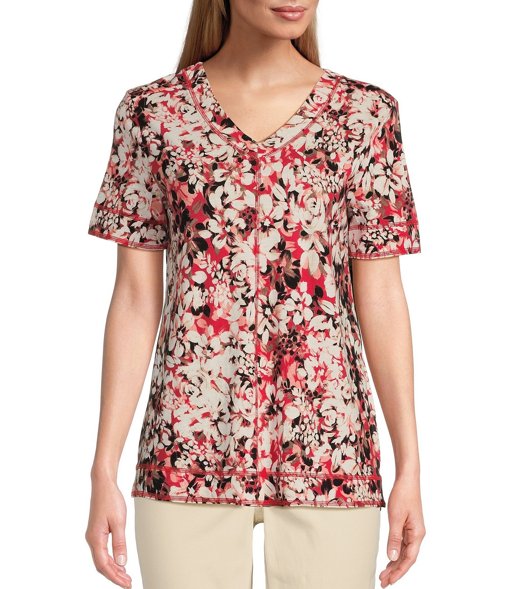 Westbound Petite Size Floral Knit Short Sleeve V-Neck Top | Dillard's