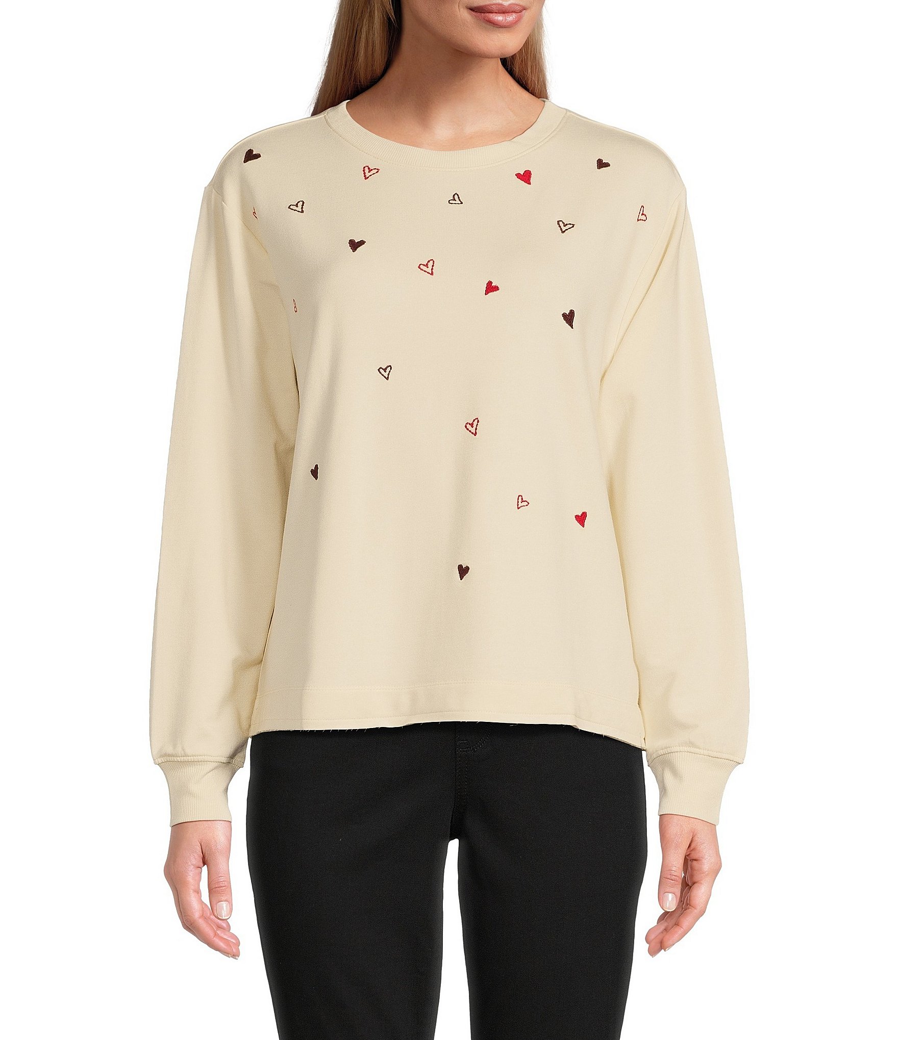 Westbound Petite Size Knit Long Sleeve Crew Neck Embroidered Hearts ...