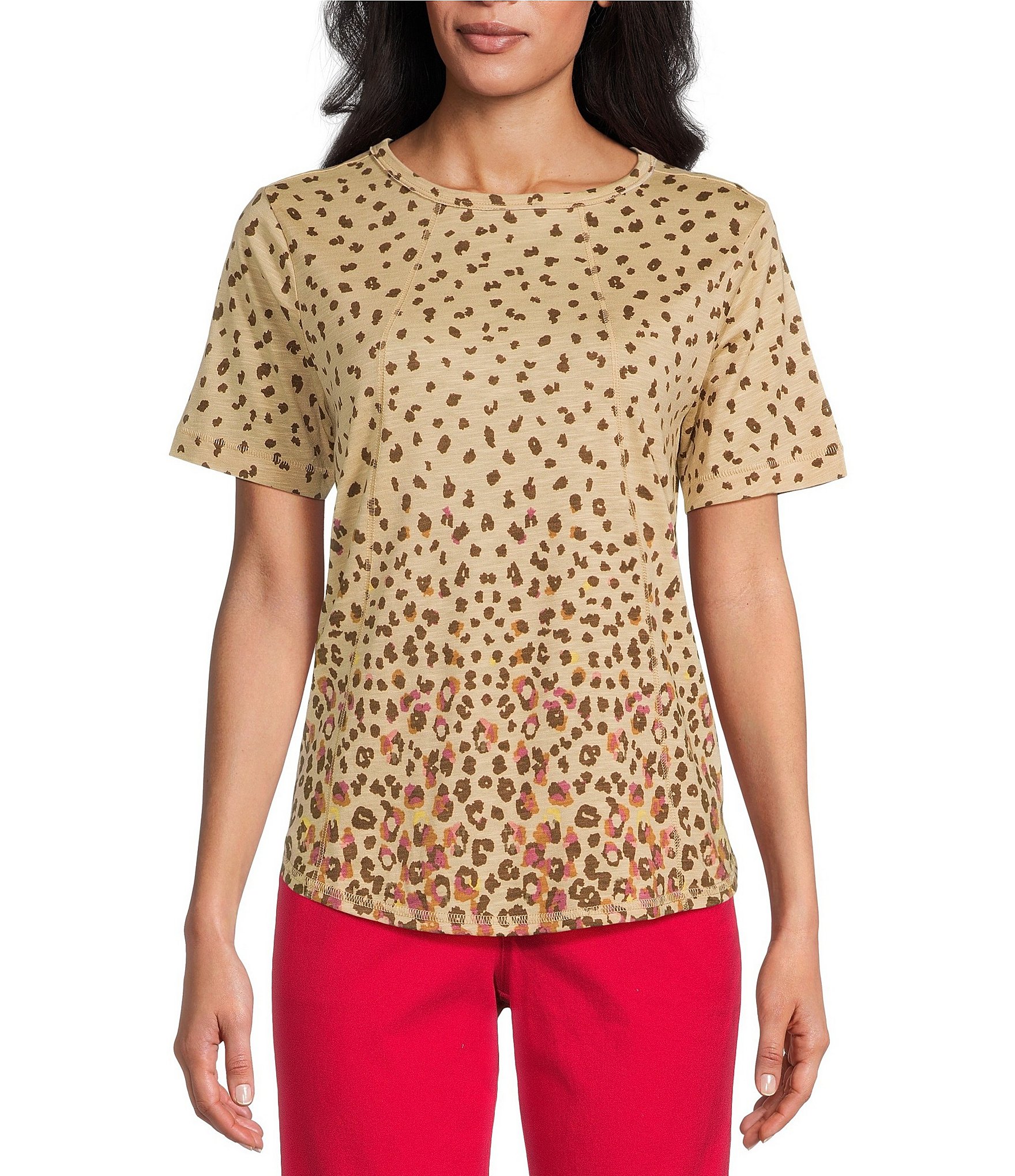APT 9 Womens Embellished Neck Short Sleeve Shirt Cheetah Box Size L NWT