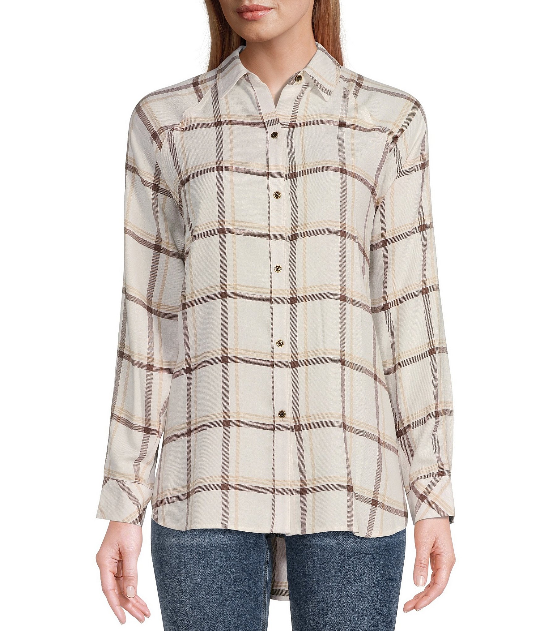 Westbound Petite Size Plaid Print Long Sleeve Collared Button Front ...