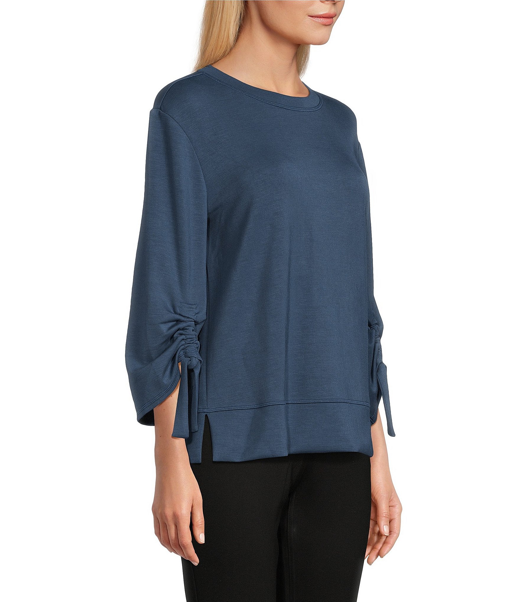 Westbound Petite Size Ruched Sleeve Crew Neck Top