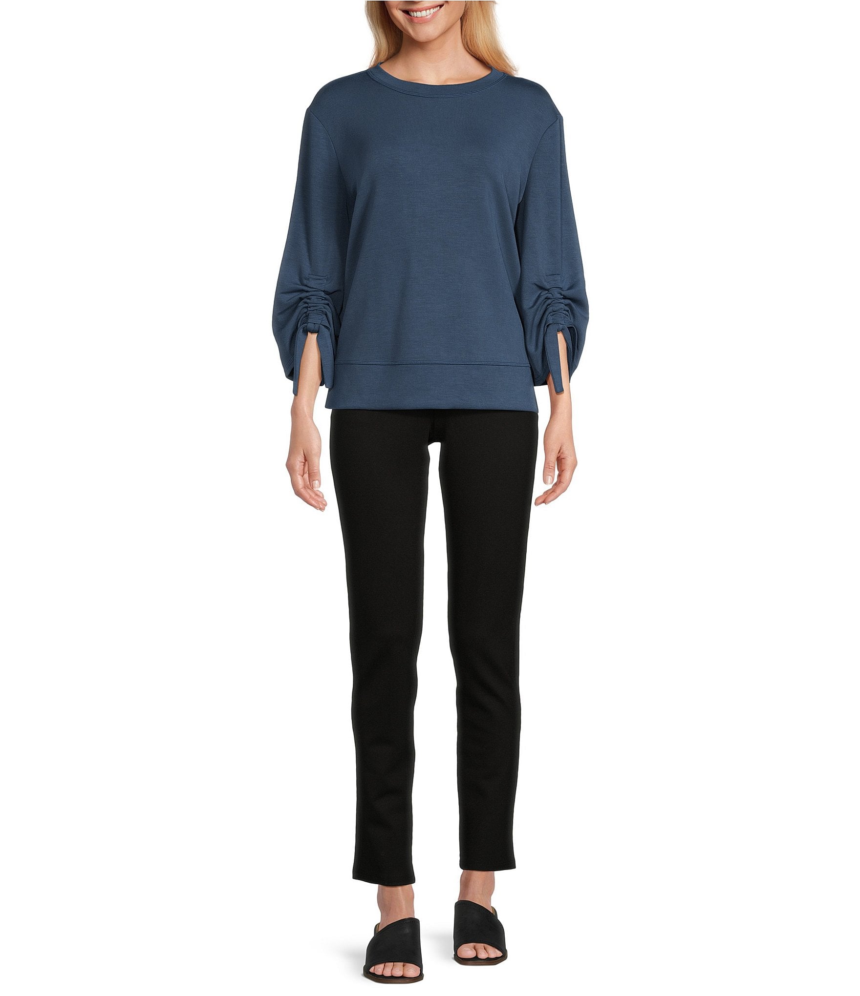Westbound Petite Size Ruched Sleeve Crew Neck Top