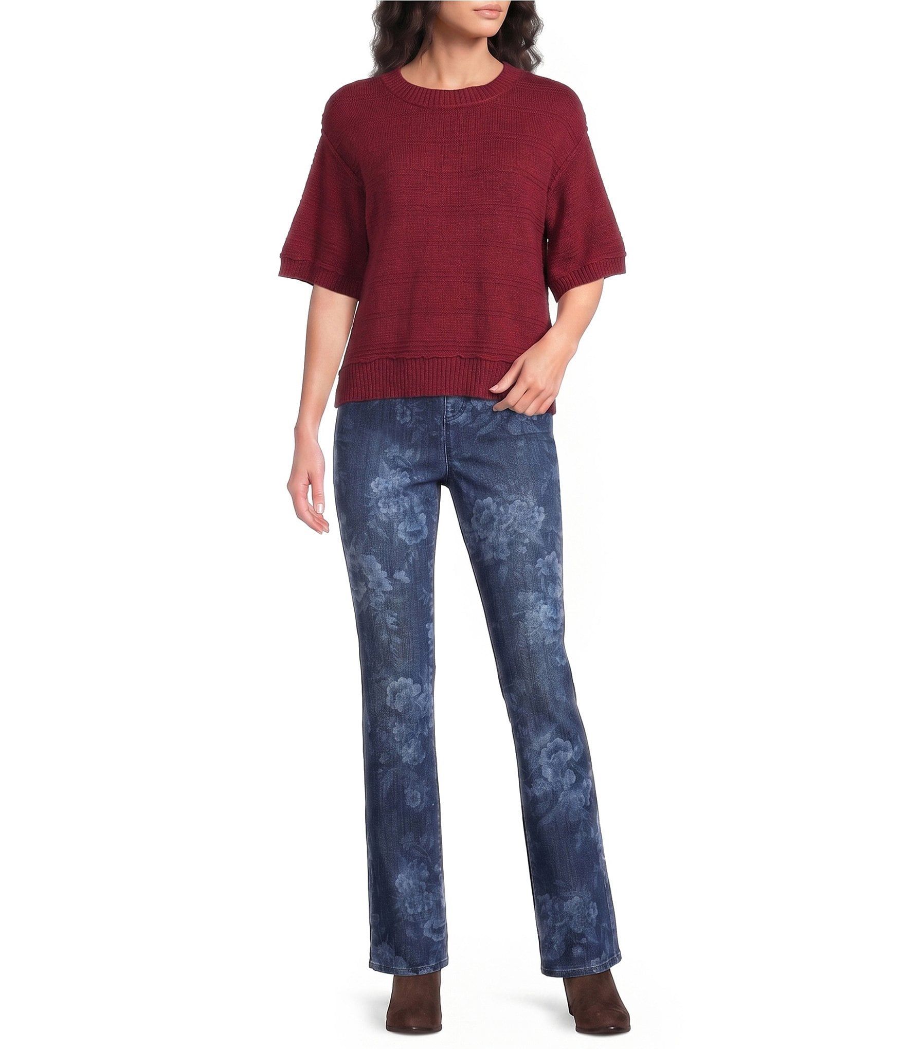 Westbound Petite Size Short Sleeve Crew Neck Sweater Top