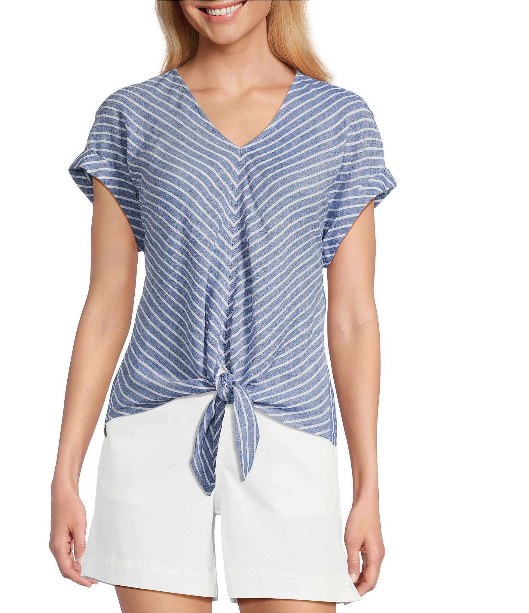 Westbound Petite Size Short Sleeve V-Neck Tie Front Top Westbound Petite Size Short Sleeve V-Neck Tie Front Top