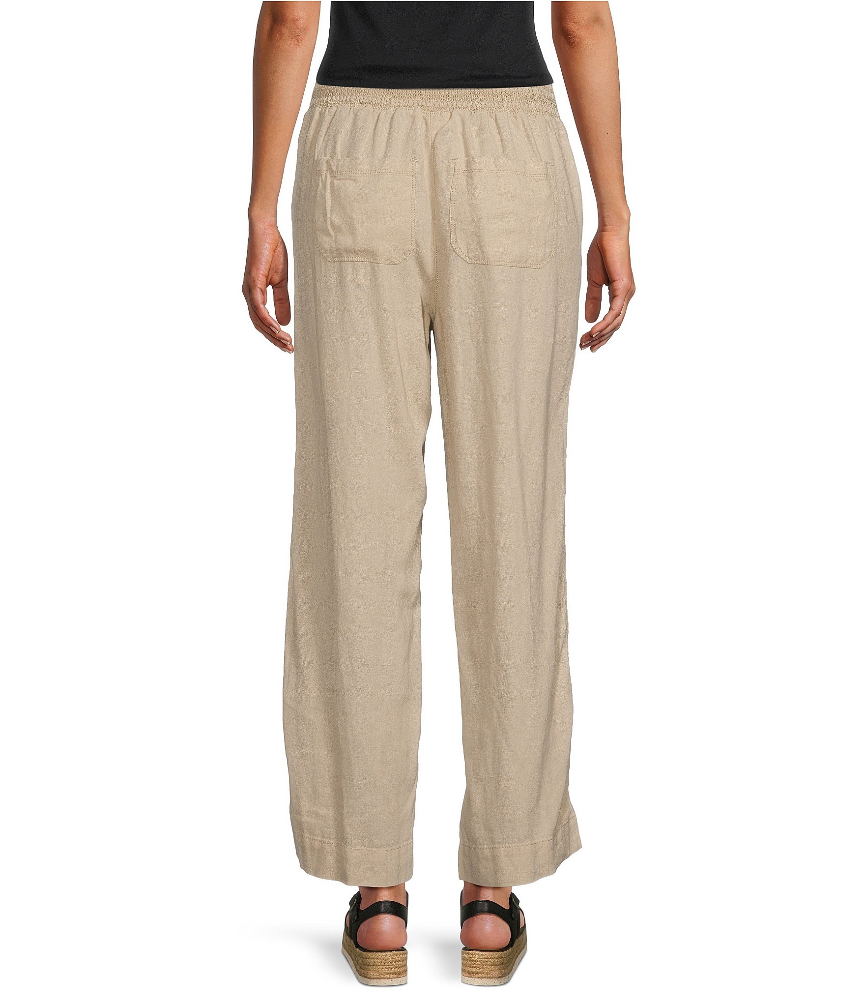 Westbound Petite Size Smocked Waist Mid Rise Wide Leg Linen Pants