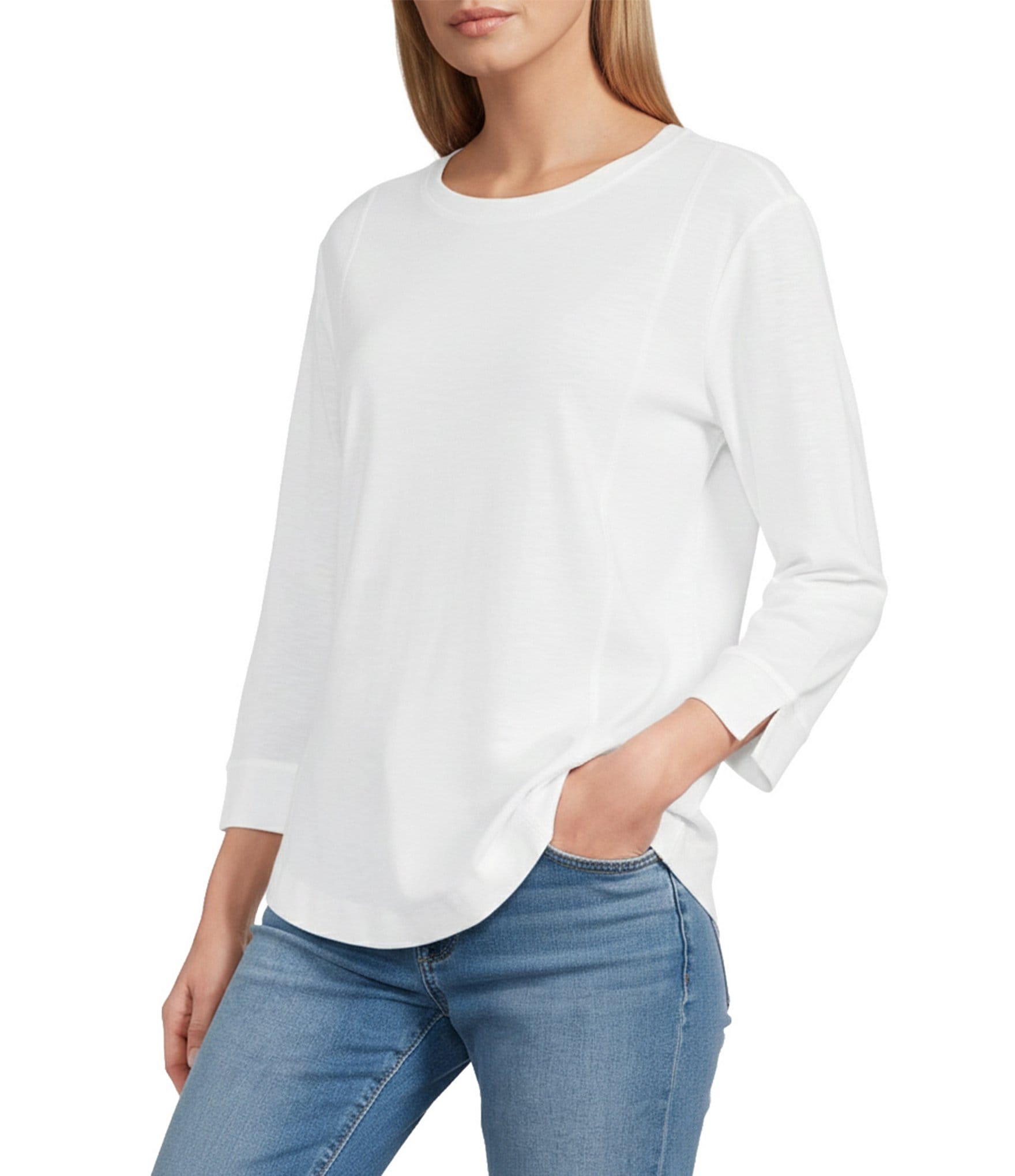 Westbound Petite Size Solid 3/4 Sleeve Knit Crew Neck Top