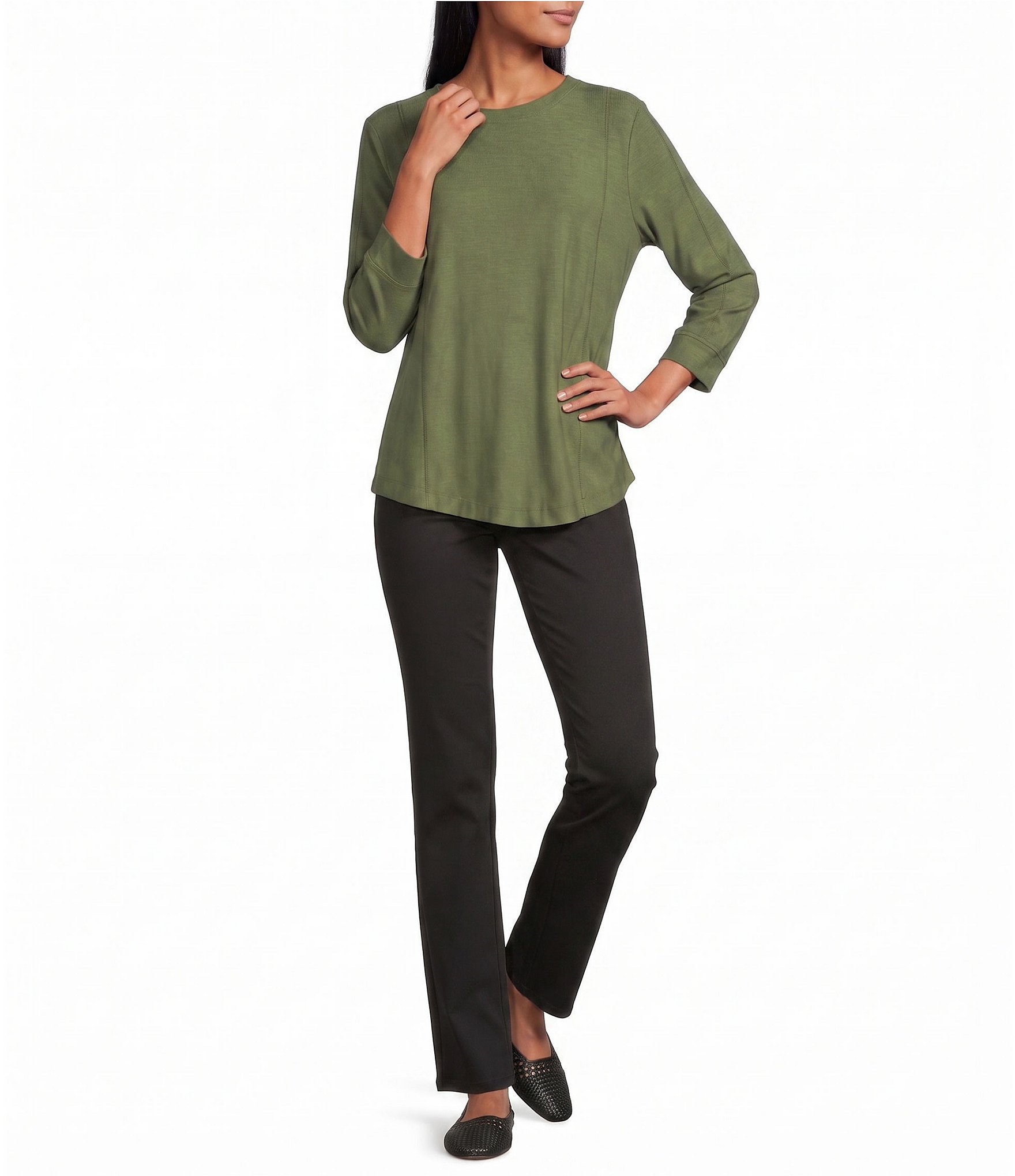 Westbound Petite Size Solid 3/4 Sleeve Knit Crew Neck Top