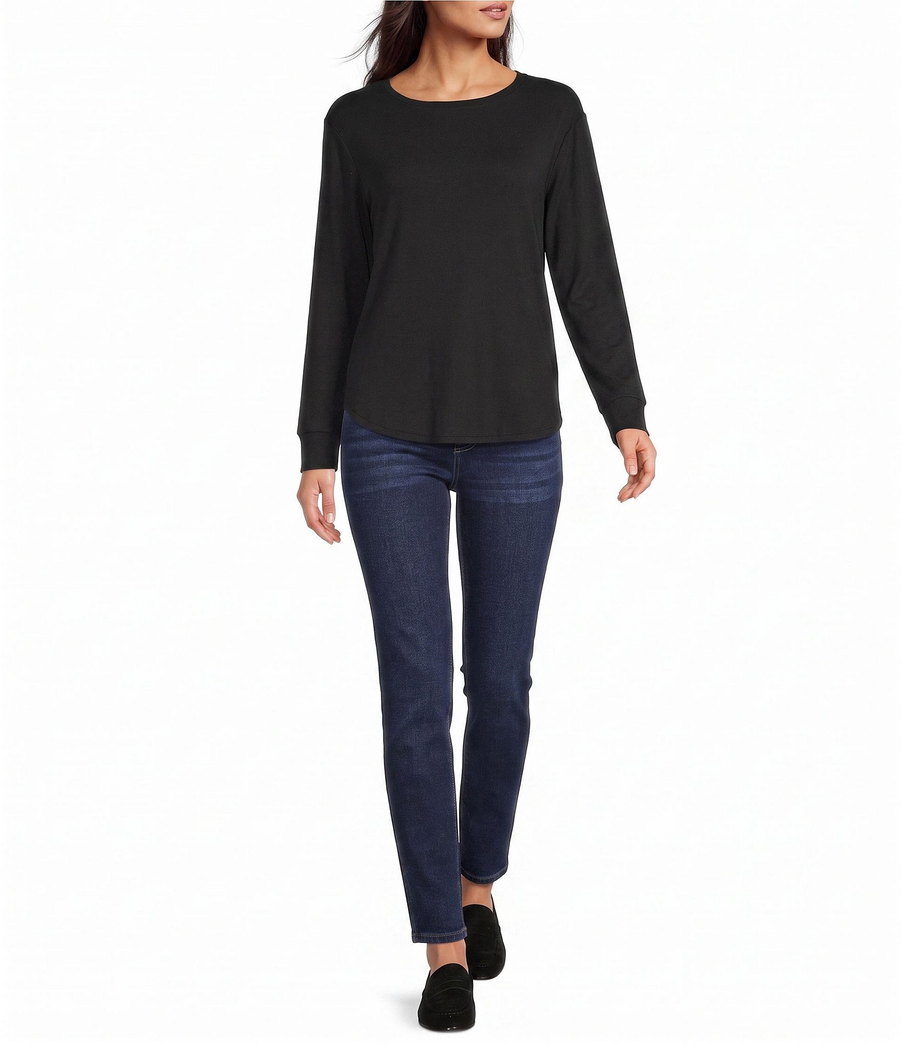 Westbound Petite Size Solid Long Sleeve Crew Neck Knit Tee
