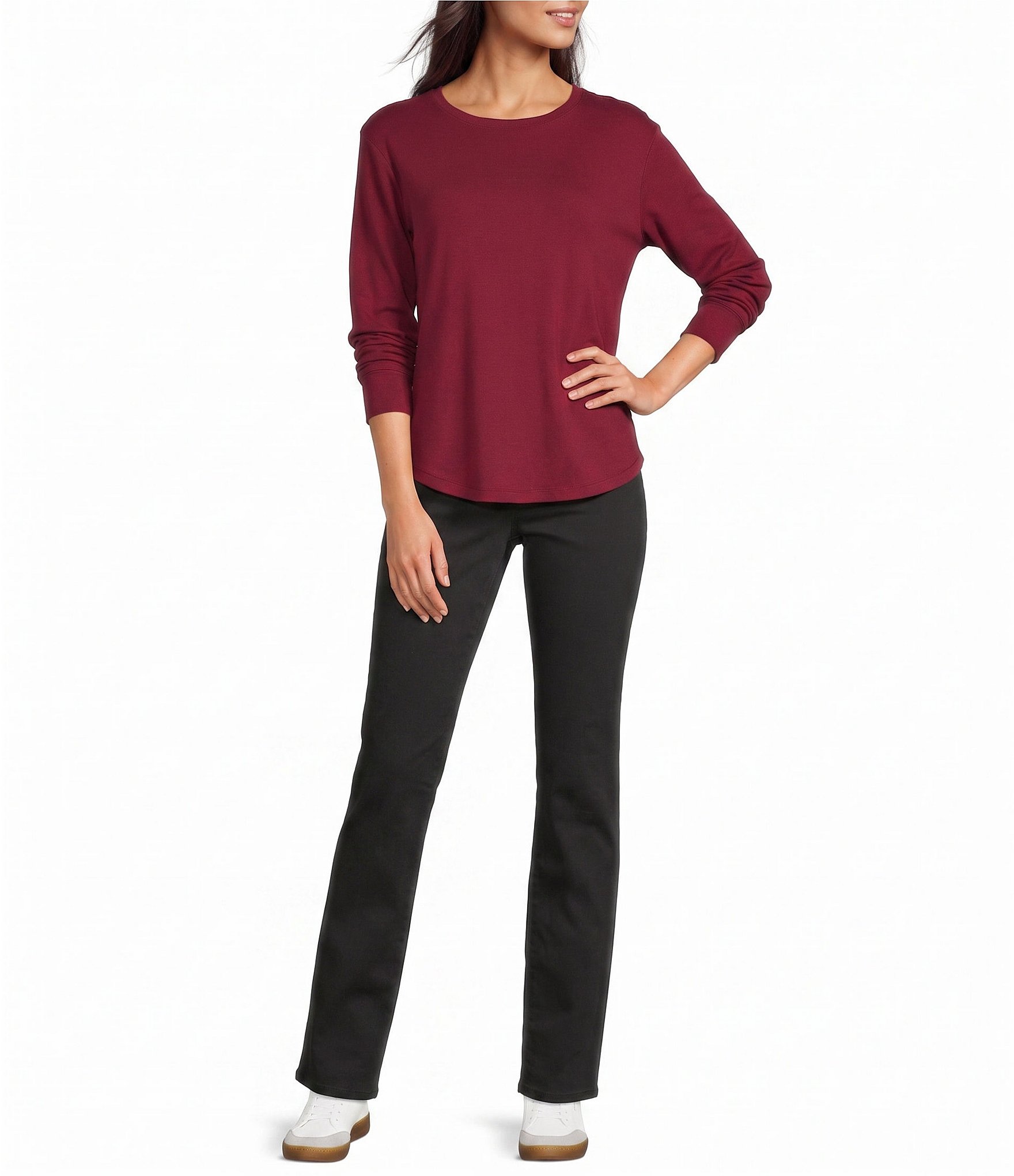 Westbound Petite Size Solid Long Sleeve Crew Neck Knit Tee