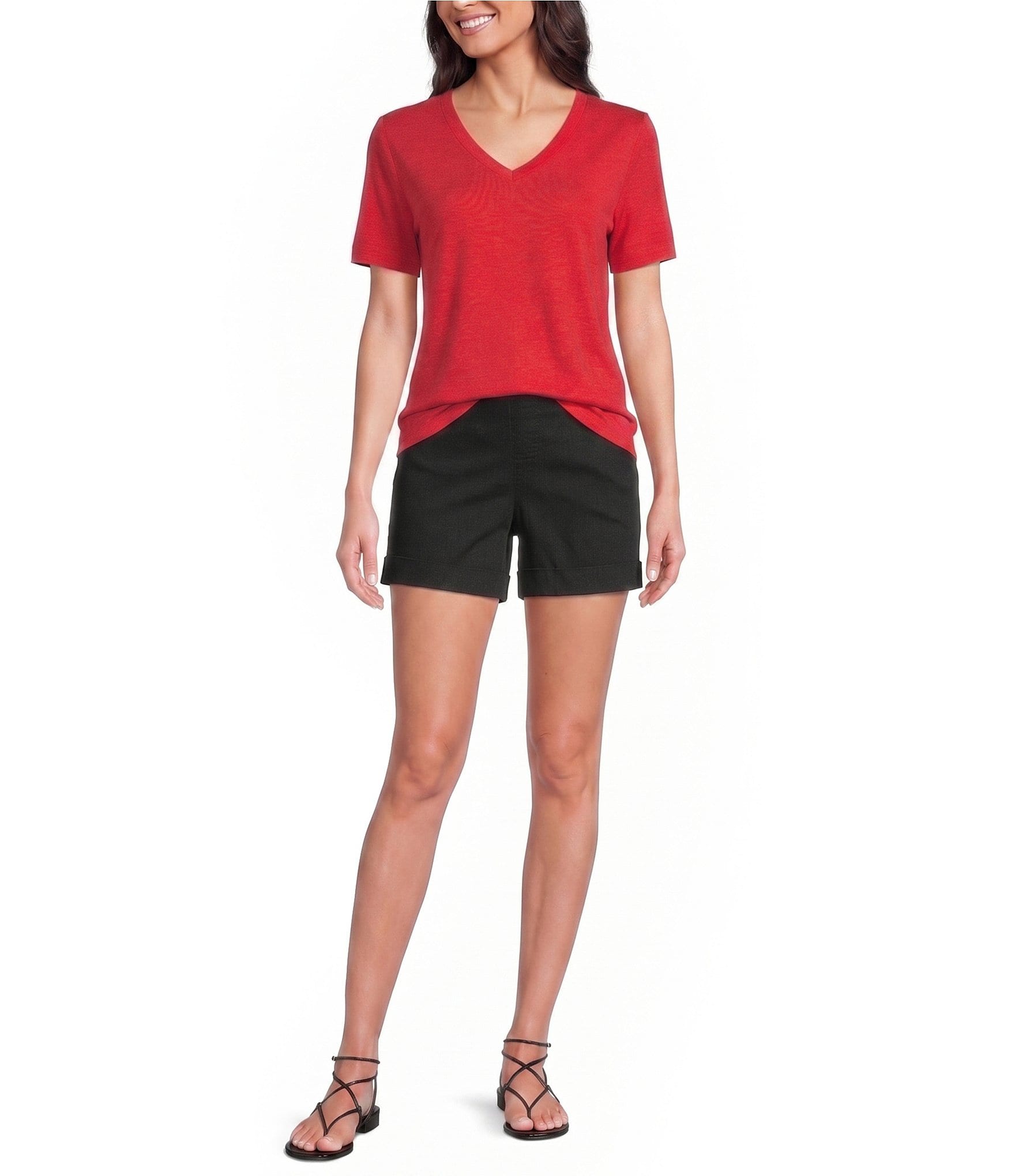 Westbound Petite Size Solid Short Sleeve V-Neck Top