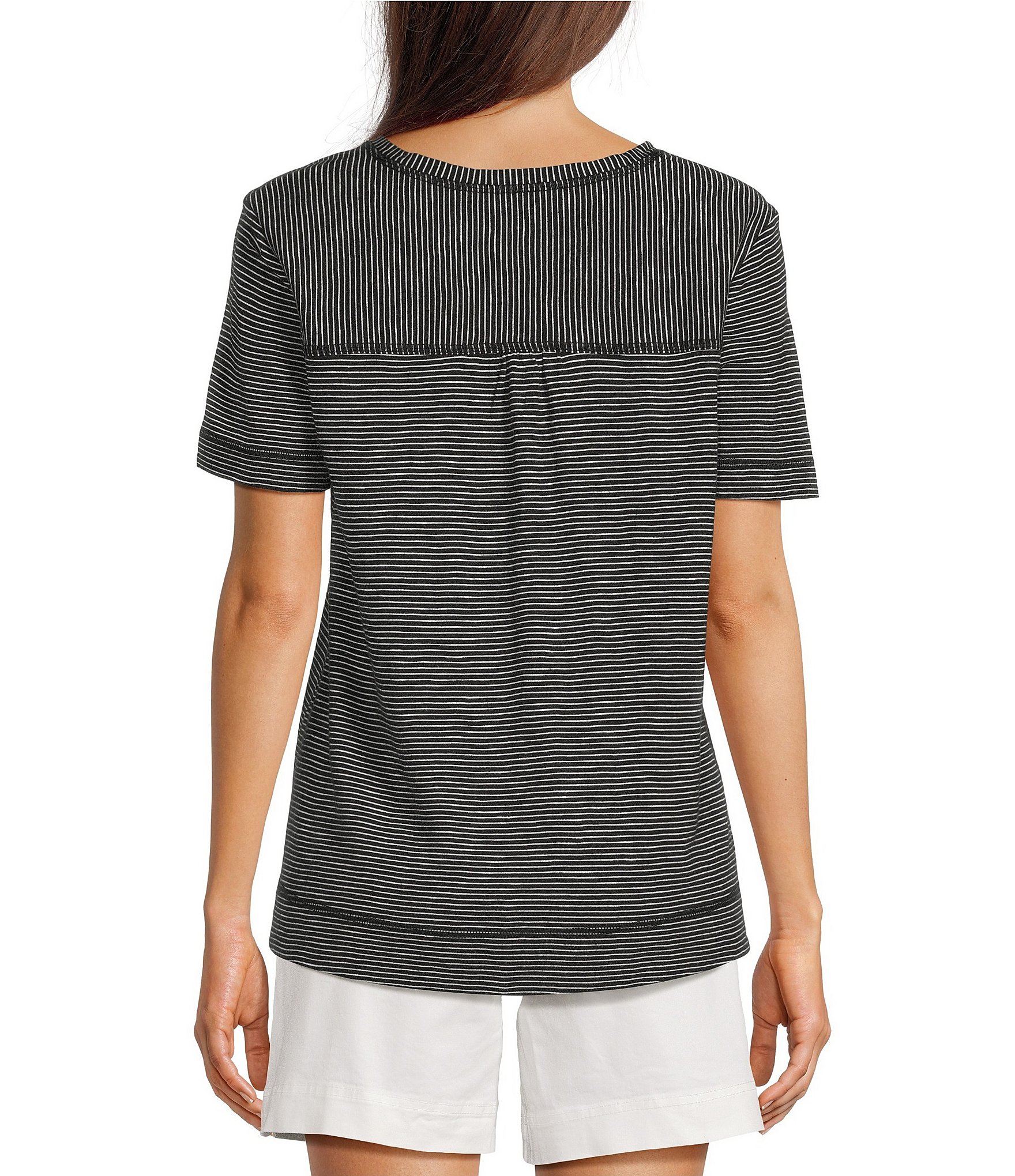 Westbound Petite Size Mini Stripe Print Short Sleeve V-Neck Top