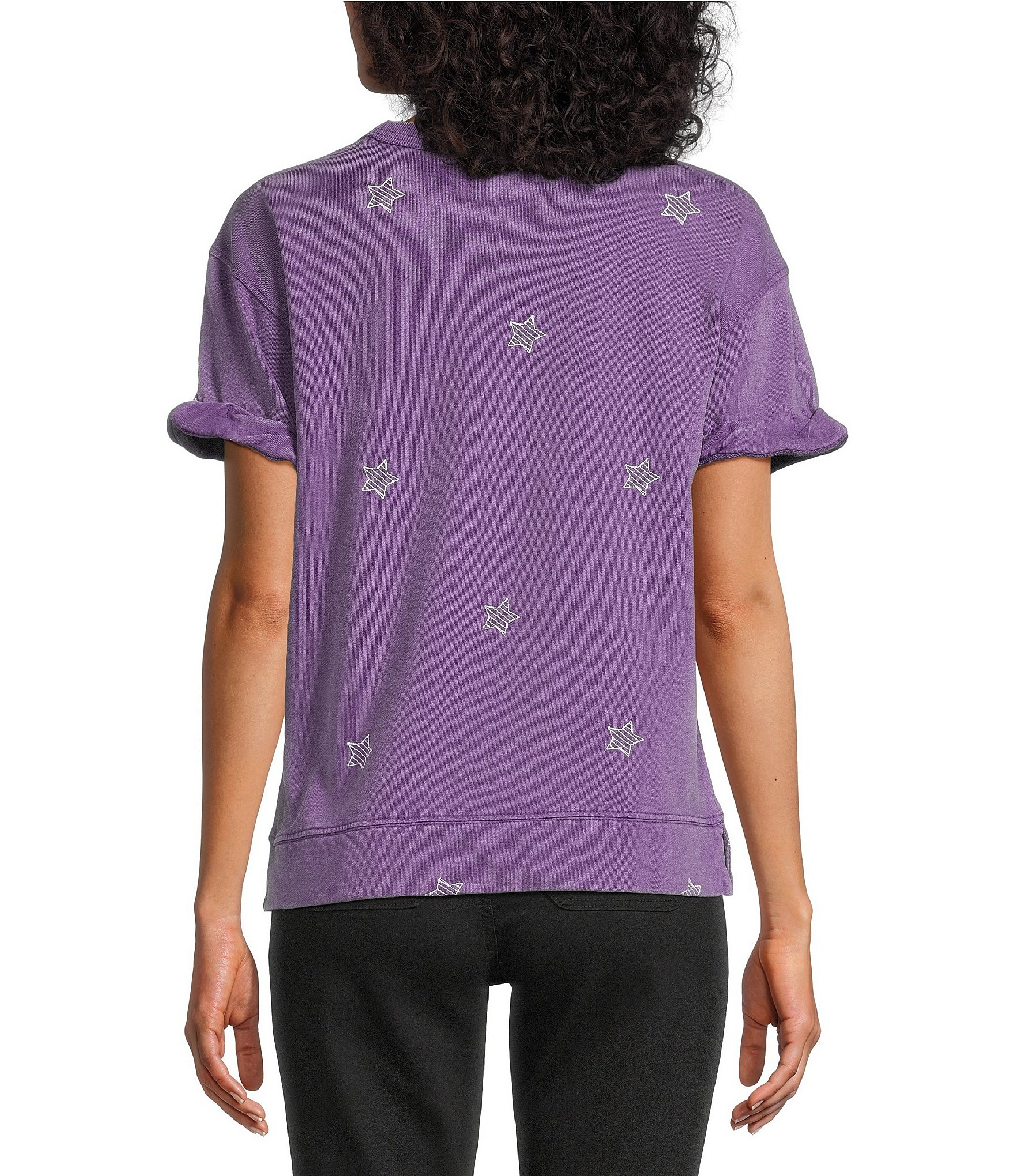 Westbound Petite Size Star Print Short Sleeve Crew Neck Knit Pullover Top