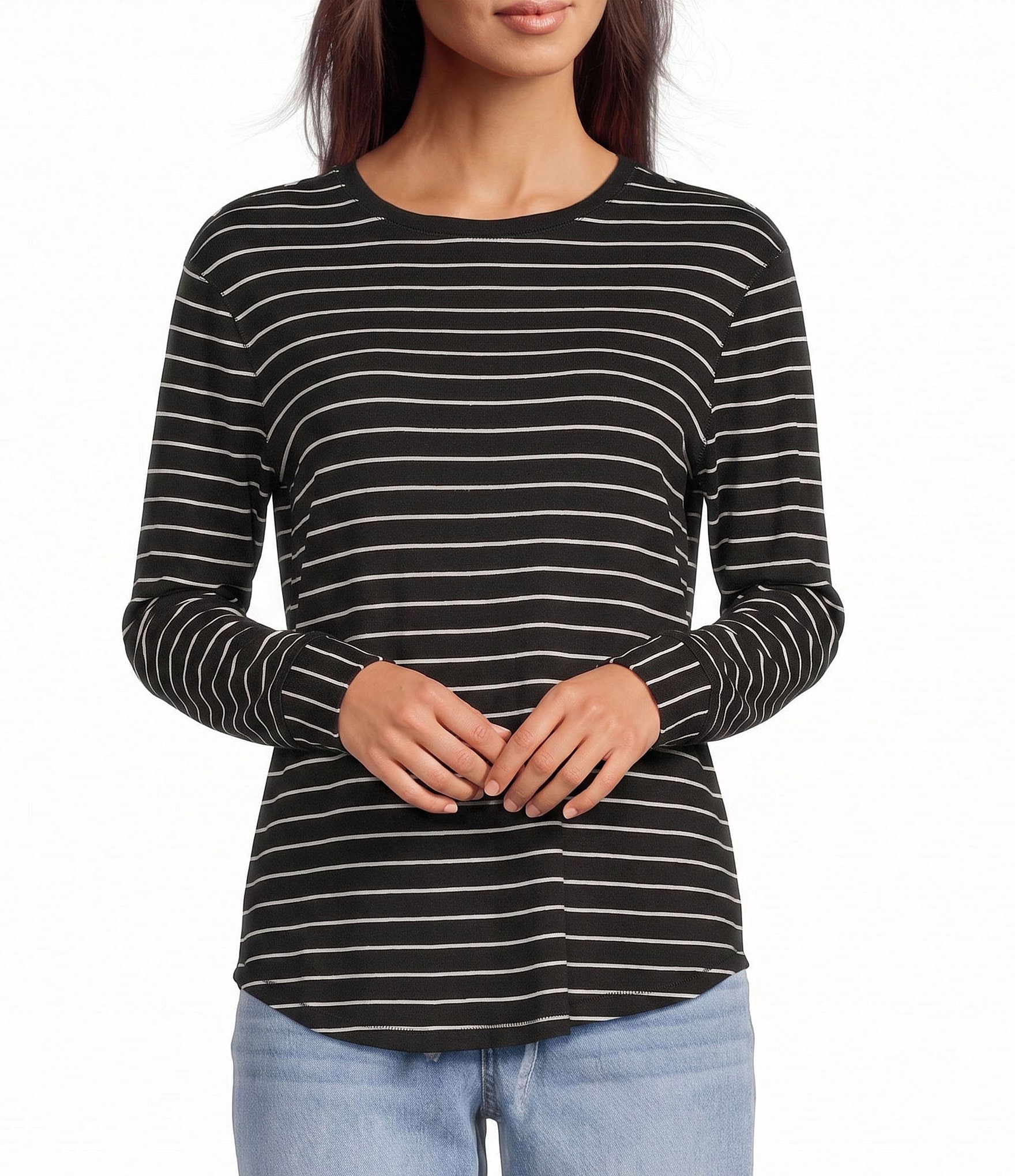 Westbound Petite Size Stripe Long Sleeve Crew Neck Knit Tee