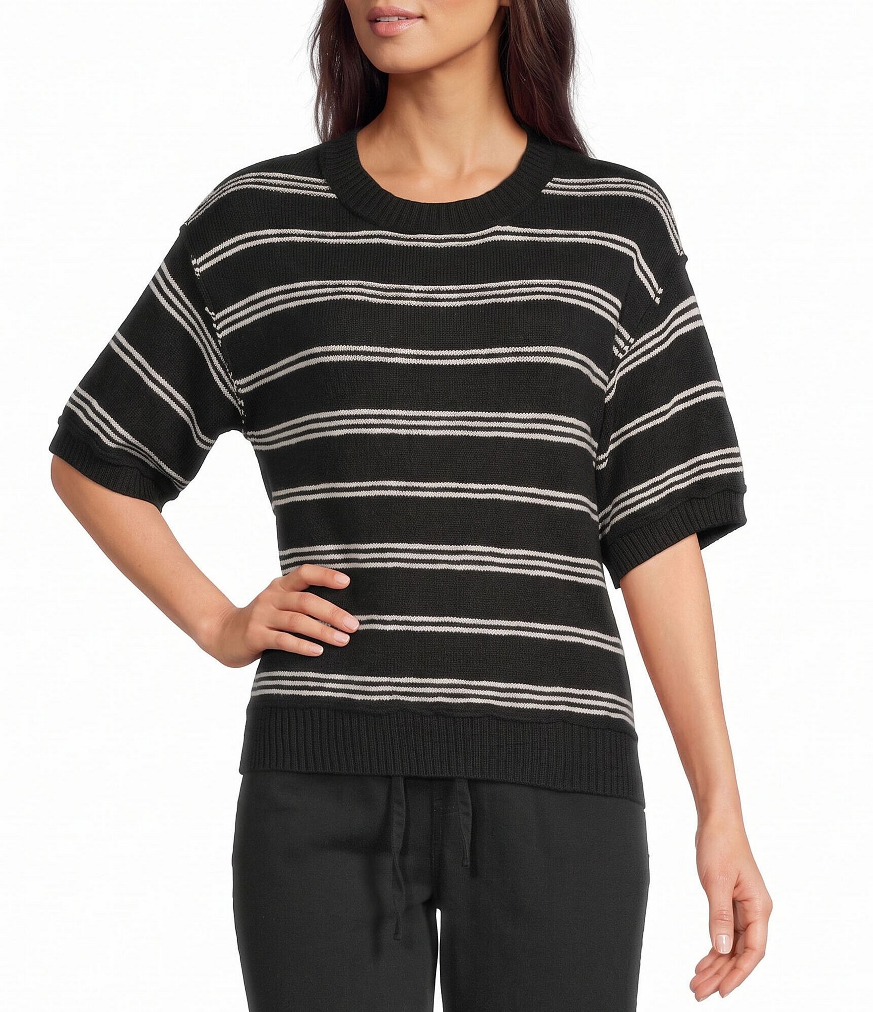 Westbound Petite Size Stripe Short Sleeve Crew Neck Sweater Top