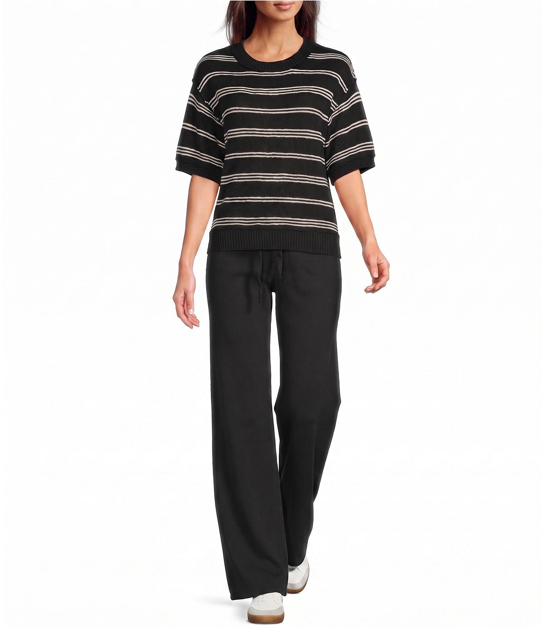 Westbound Petite Size Stripe Short Sleeve Crew Neck Sweater Top