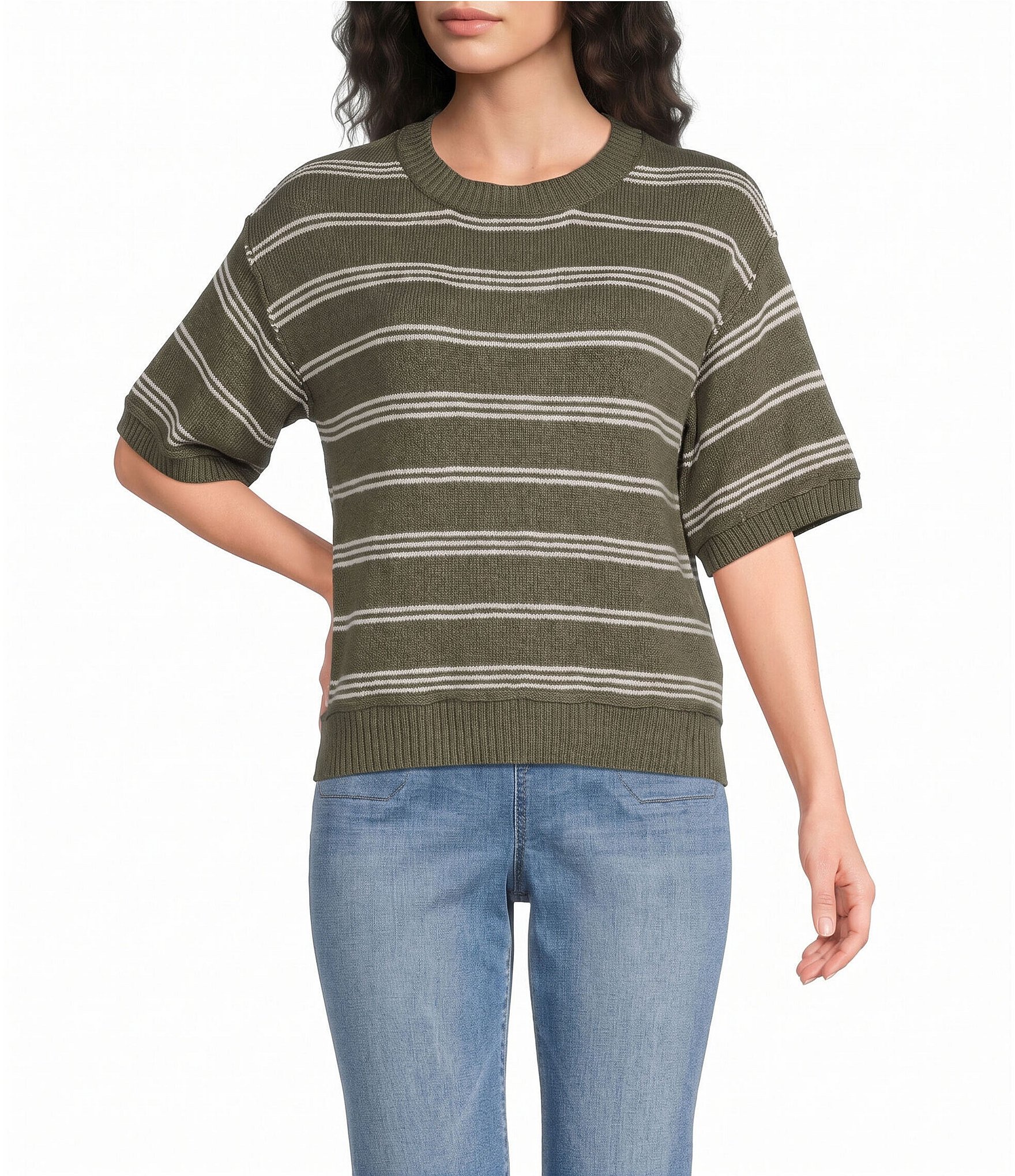 Westbound Petite Size Stripe Short Sleeve Crew Neck Sweater Top