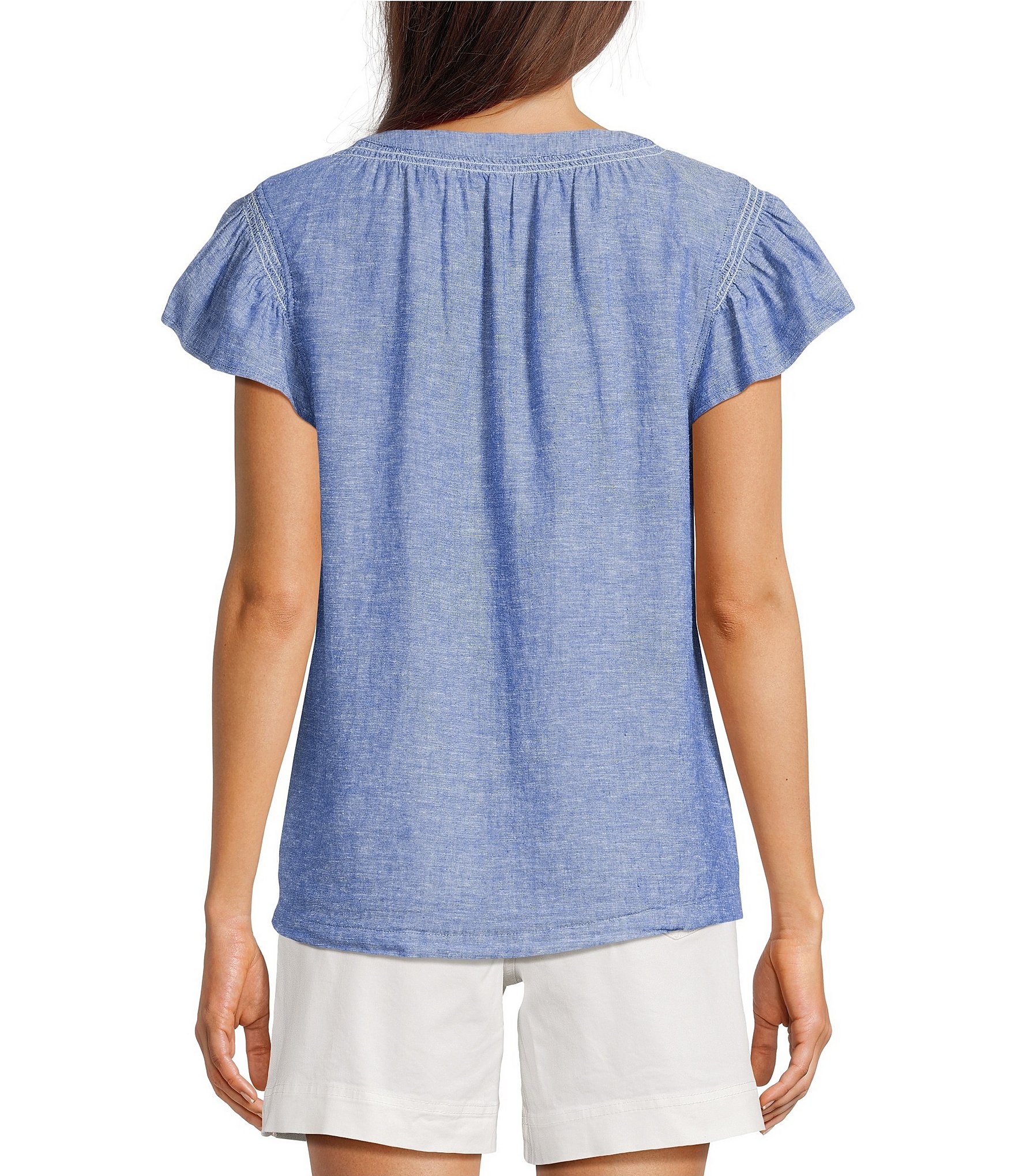 Westbound Petite Size V-Neck Button Front Flutter Sleeve Top