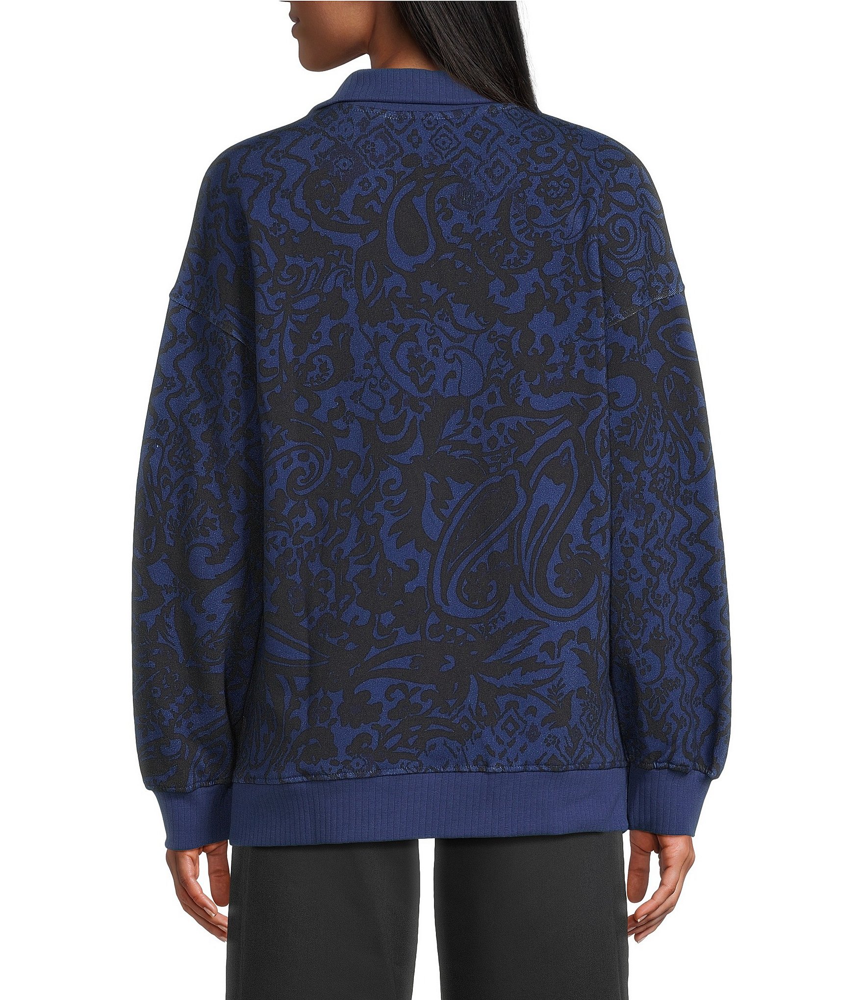 Westbound Petite Twilight Blue Paisley Patch Long Sleeve Quarter Zip Pullover