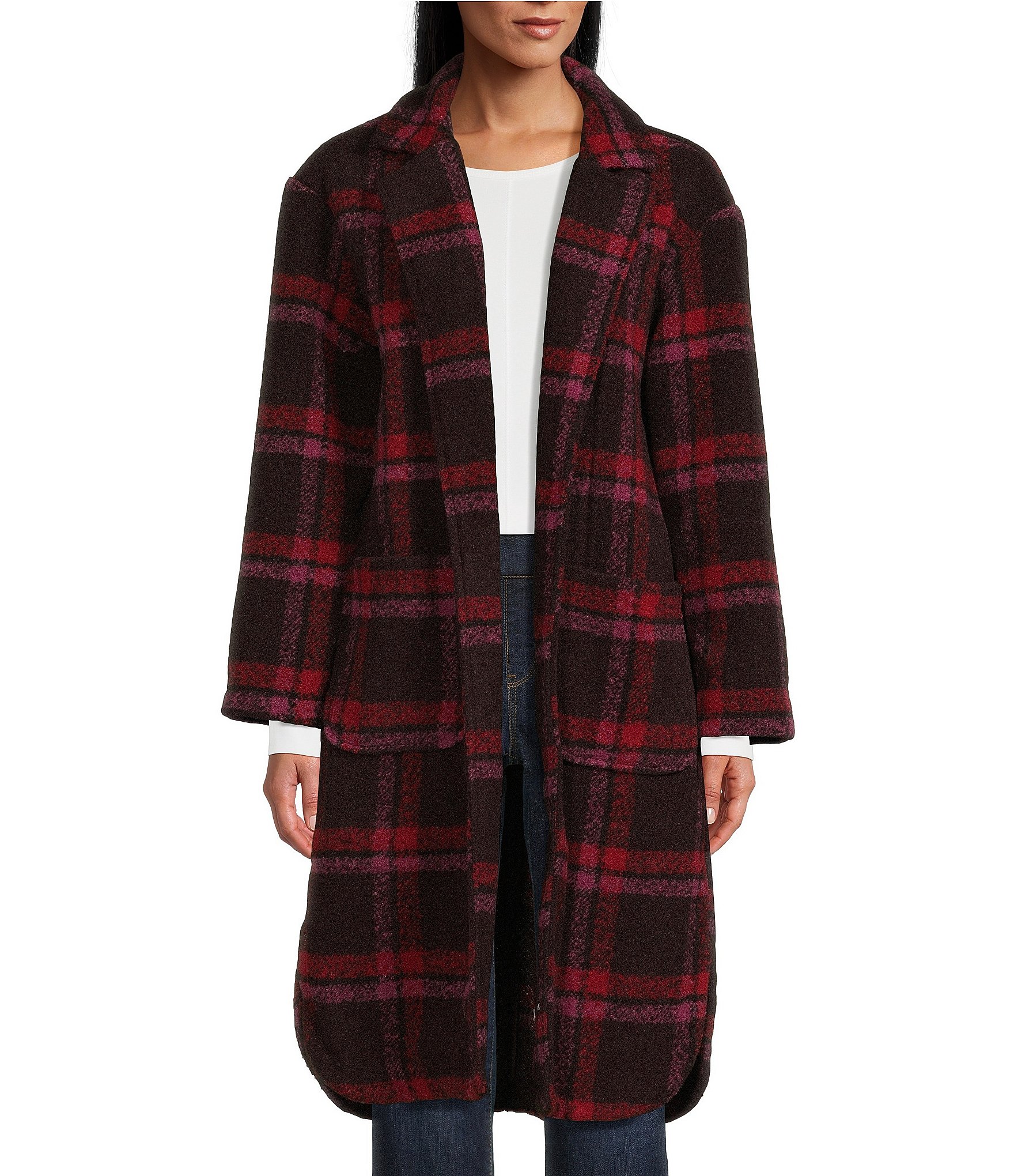 Westbound Plaid Notch Collar Long Sleeve Open Front Dual Pocket Coat ...