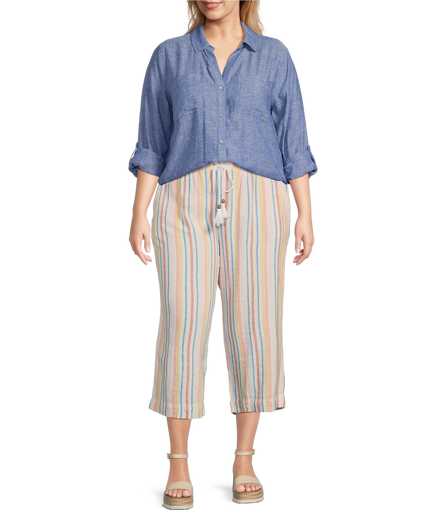 Westbound Plus Size 3/4 Roll-Tab Sleeve Point Collar Y-Neck Button Front Shirt