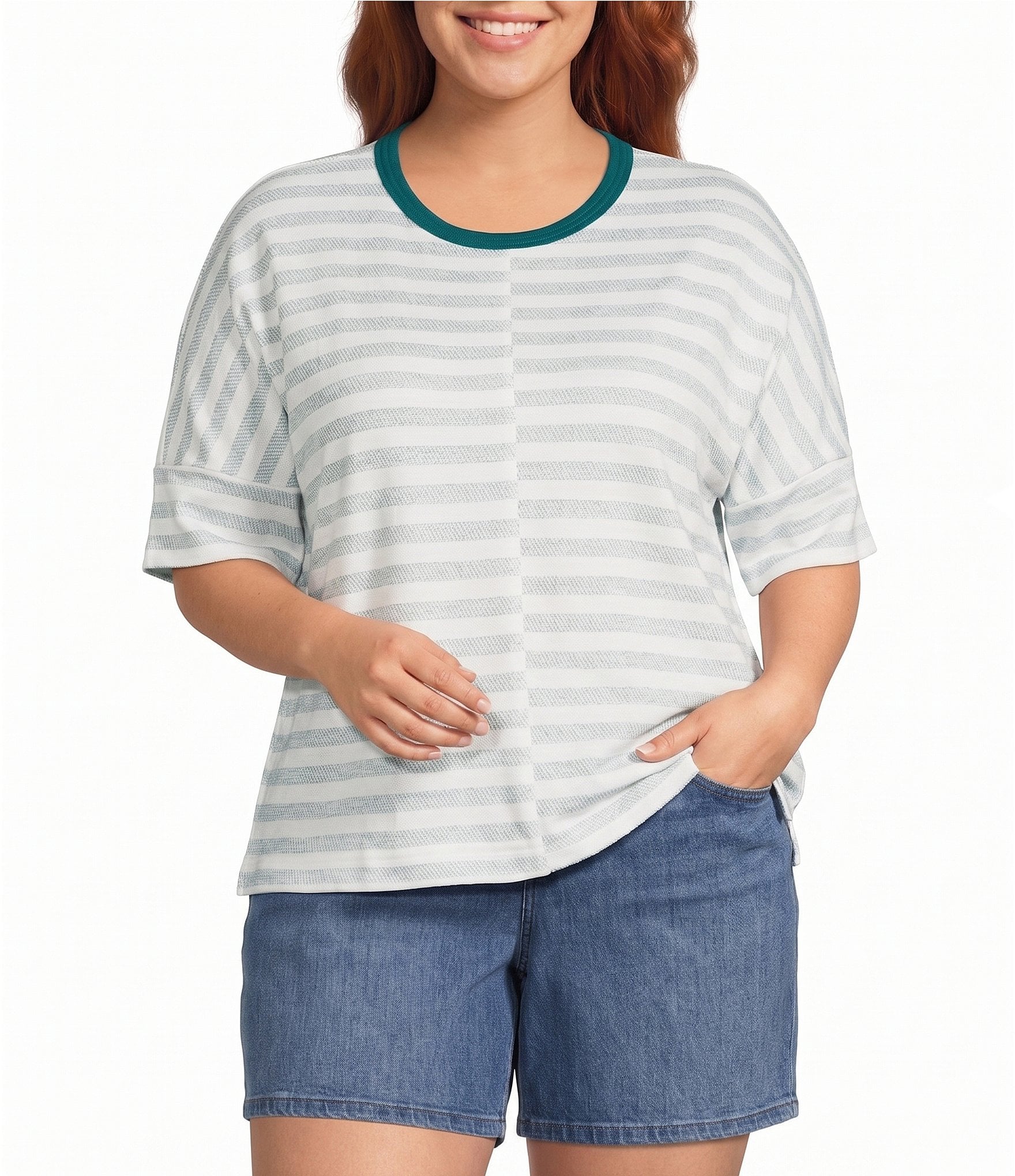 Westbound Plus Size Short Sleeve Offset Stripe Crew Neck Top