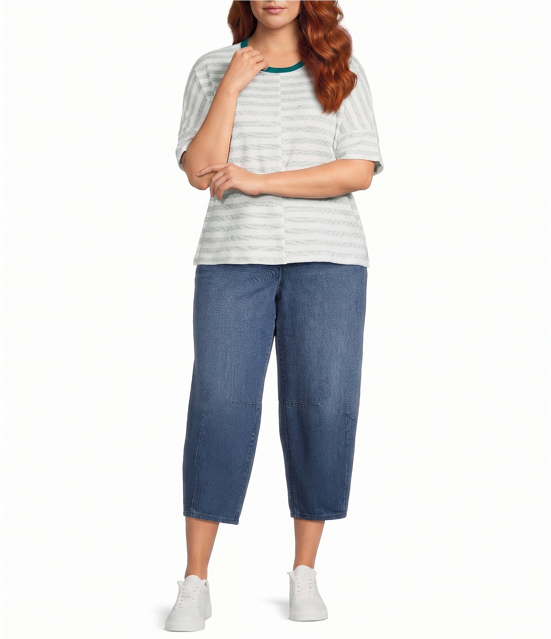 Westbound Plus Size Short Sleeve Offset Stripe Crew Neck Top