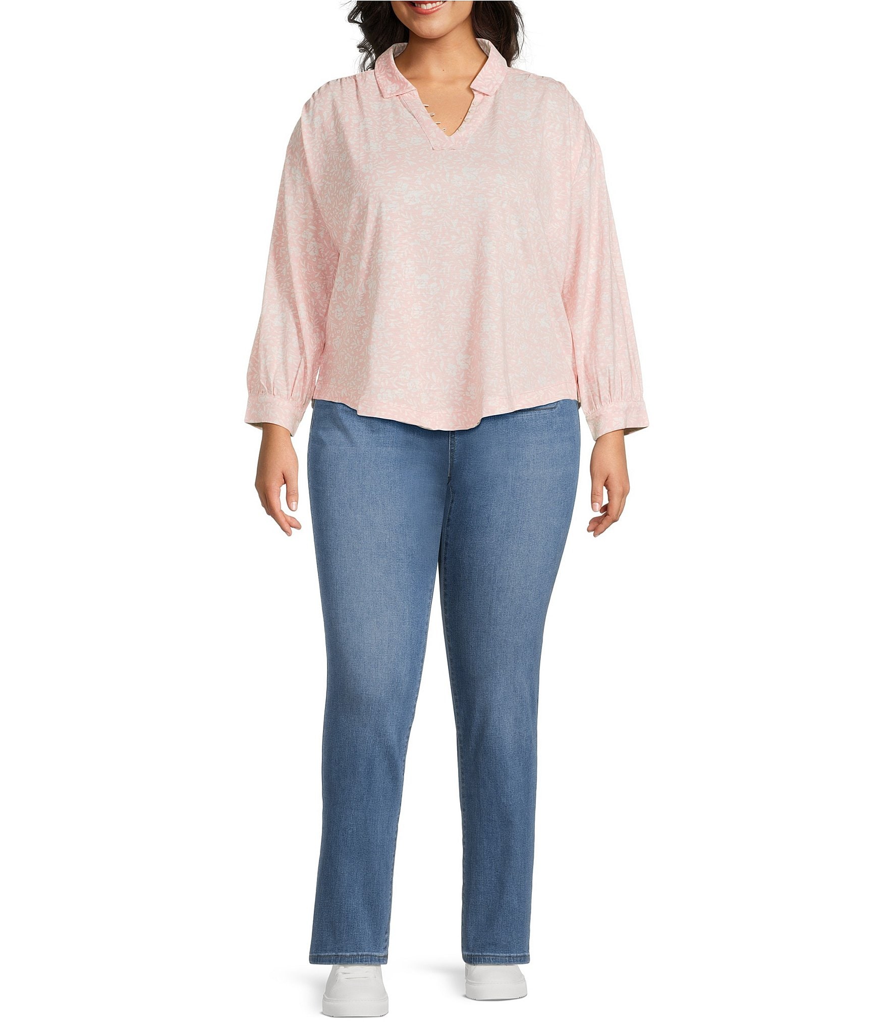 Westbound Plus Size 3/4 Sleeve V Neck Collared Slub Knit Top