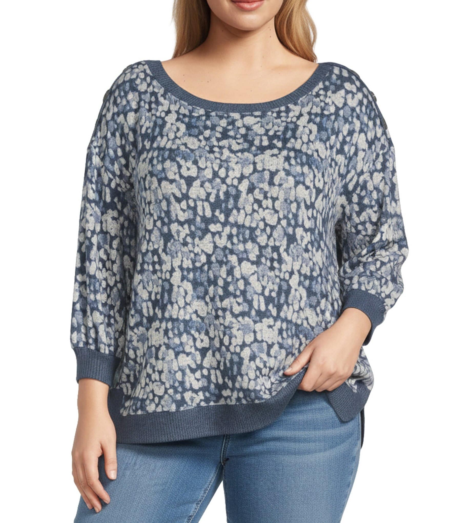 Westbound Plus Size Blue Tie Dye Drops Knit Long Sleeve Button Shoulder Pullover Top