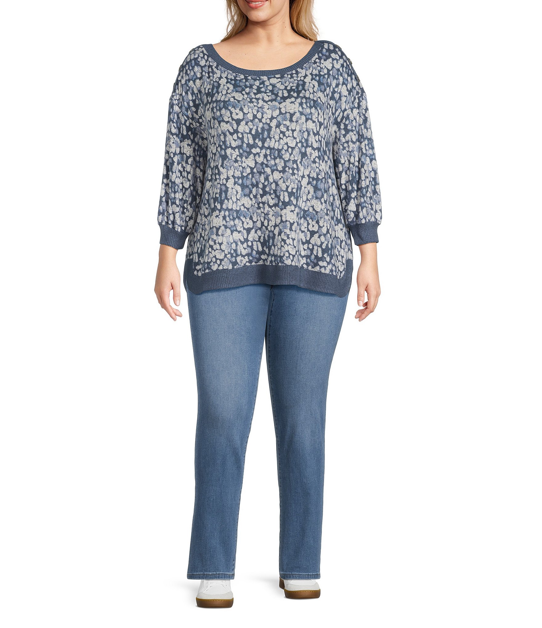 Westbound Plus Size Blue Tie Dye Drops Knit Long Sleeve Button Shoulder Pullover Top