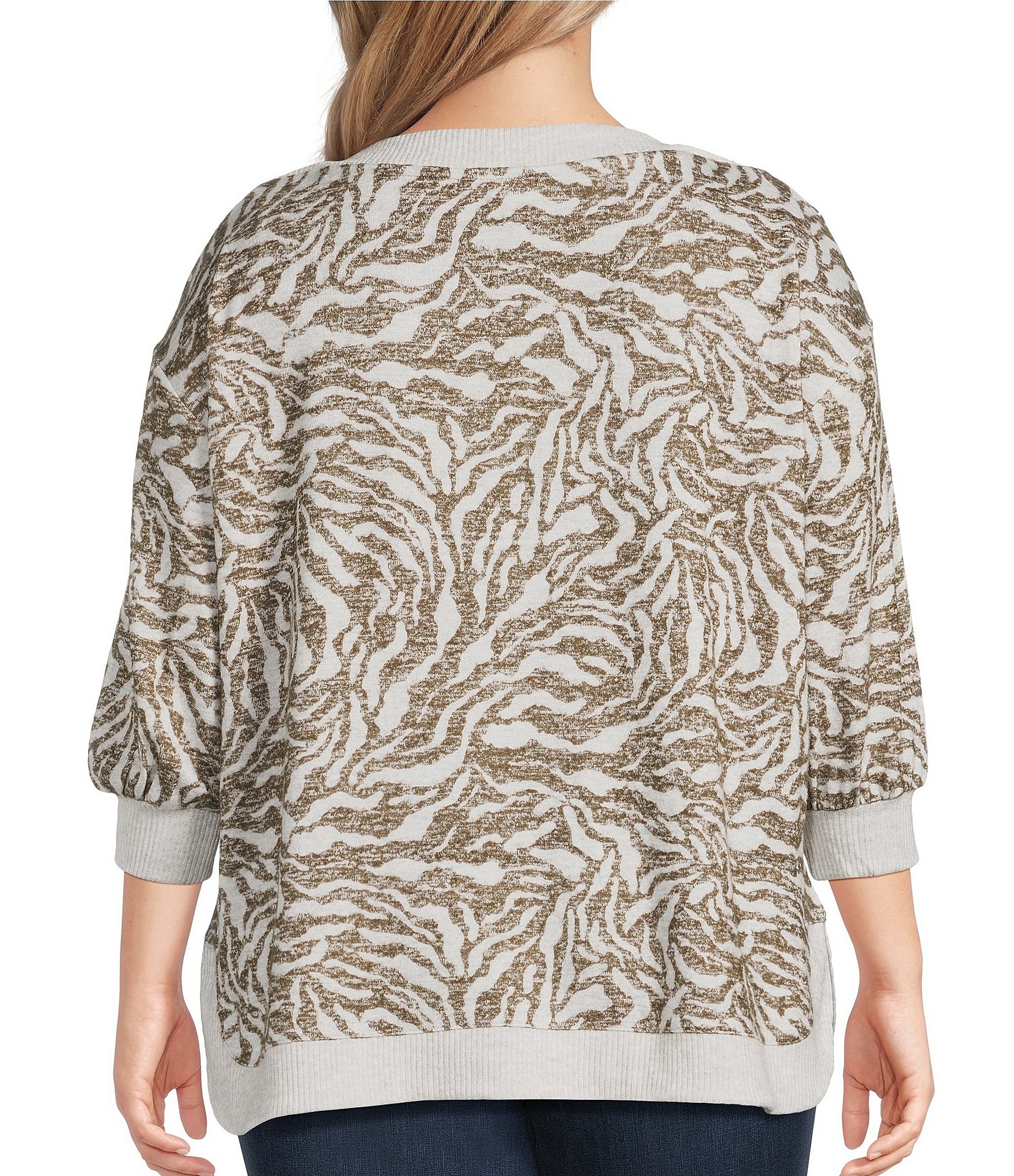 Westbound Plus Size Brown Zebra Knit Long Sleeve Button Shoulder Pullover Top