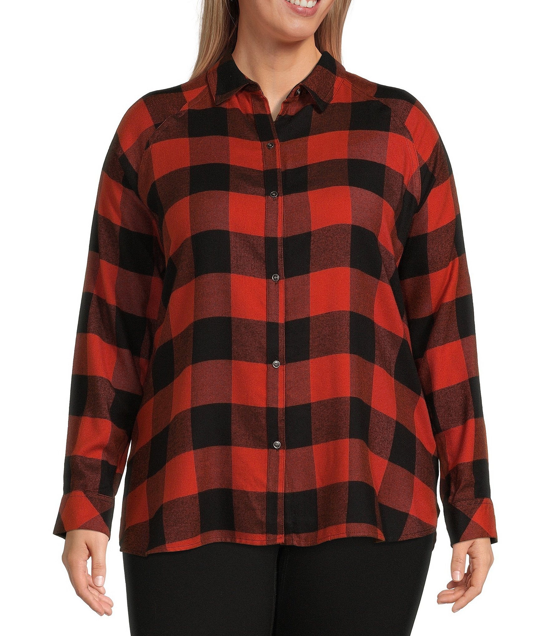 Westbound Plus Size Buffalo Check Print Long Sleeve Point Collar Button ...