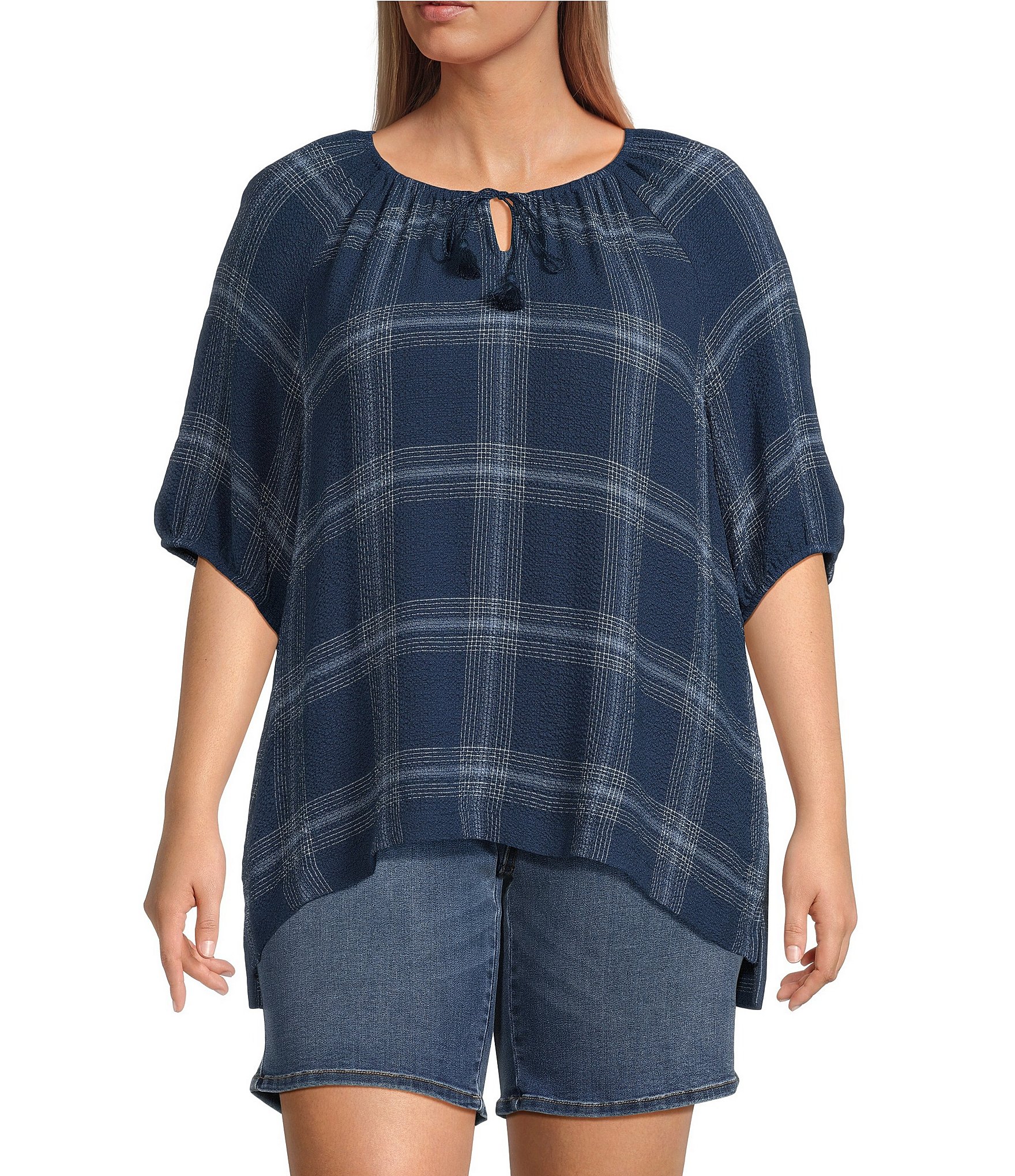 Westbound Plus Size Elbow Puff Sleeve Tie Plaid Neck Top | Dillard's