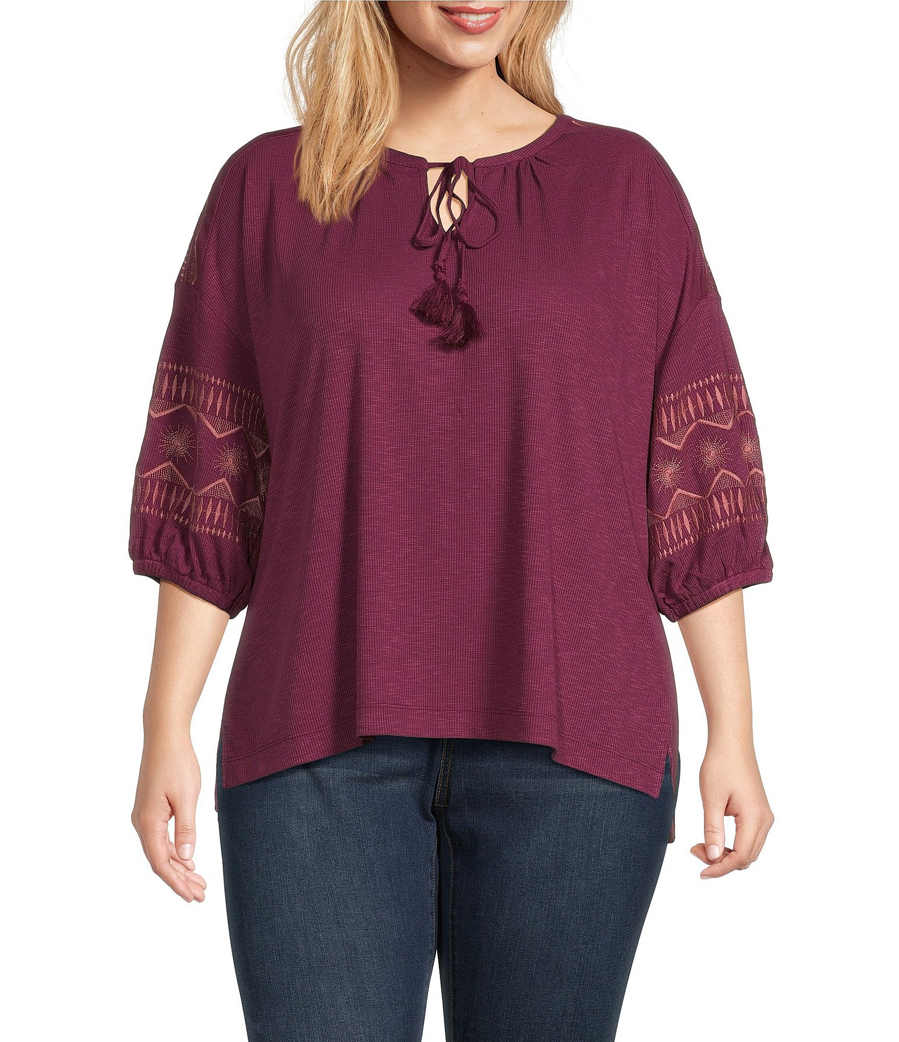 Westbound Plus Size Embroidered 3/4 Sleeve V-Neck Top | Dillard's