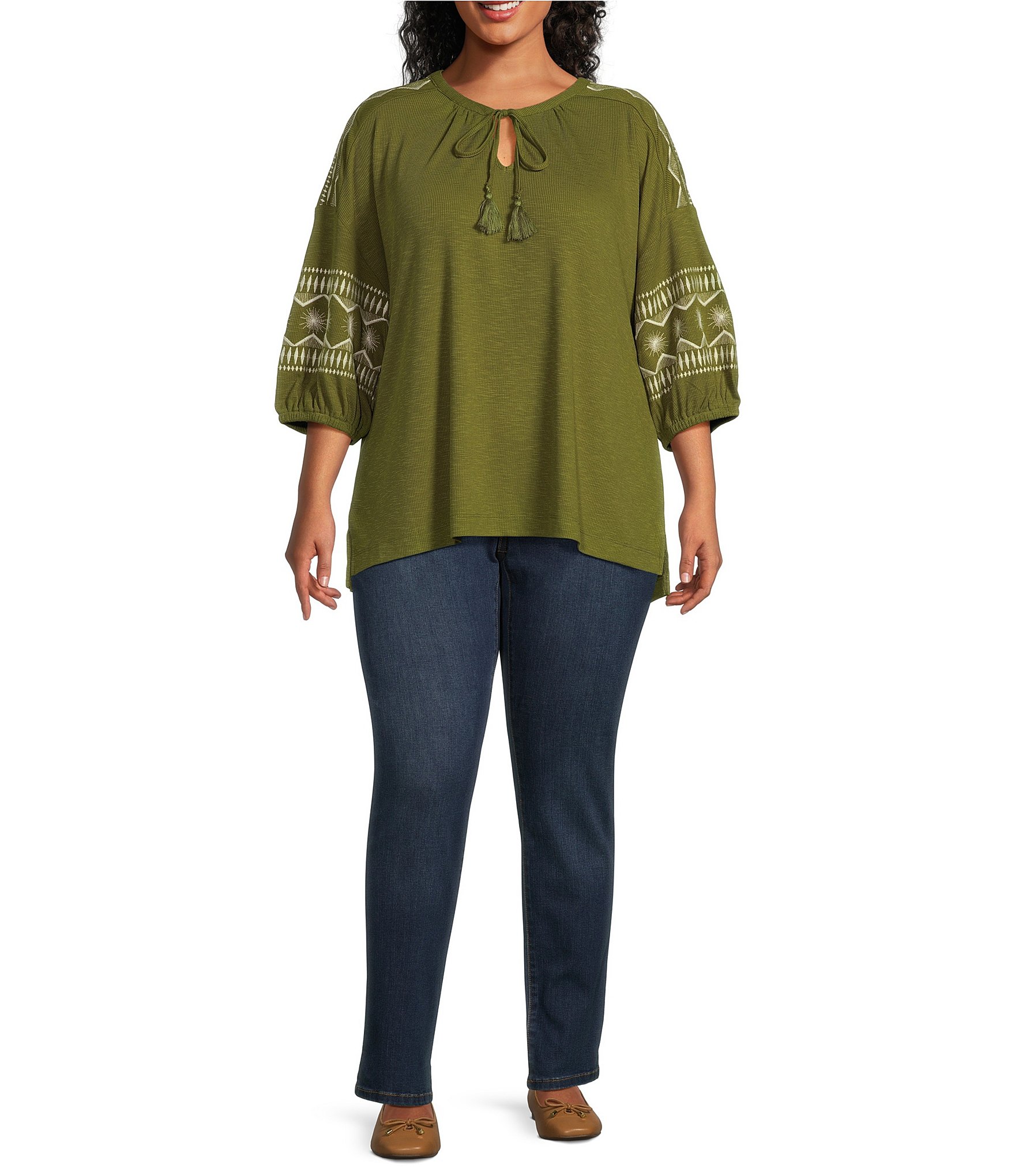 Westbound Plus Size Embroidered 3/4 Sleeve V-Neck Top