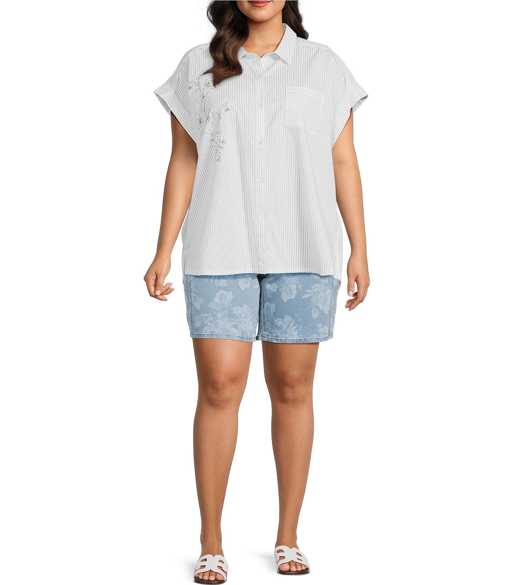 Westbound Plus Size Floral Stripe Woven Button Front Top