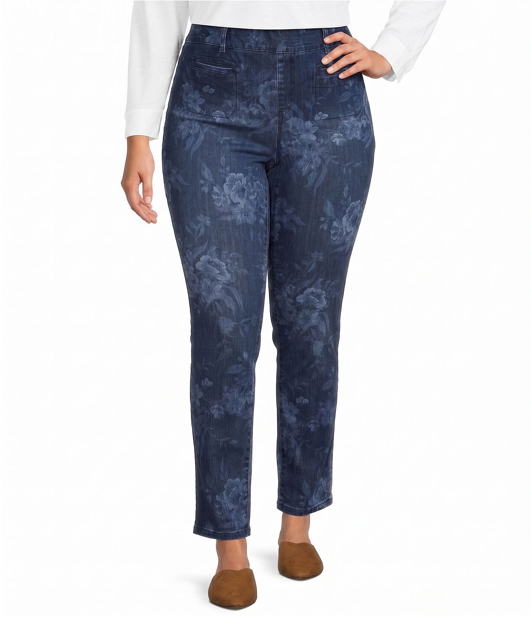 Westbound Plus Size Floral High Rise Patch Pocket Straight Leg Pull-On Pants