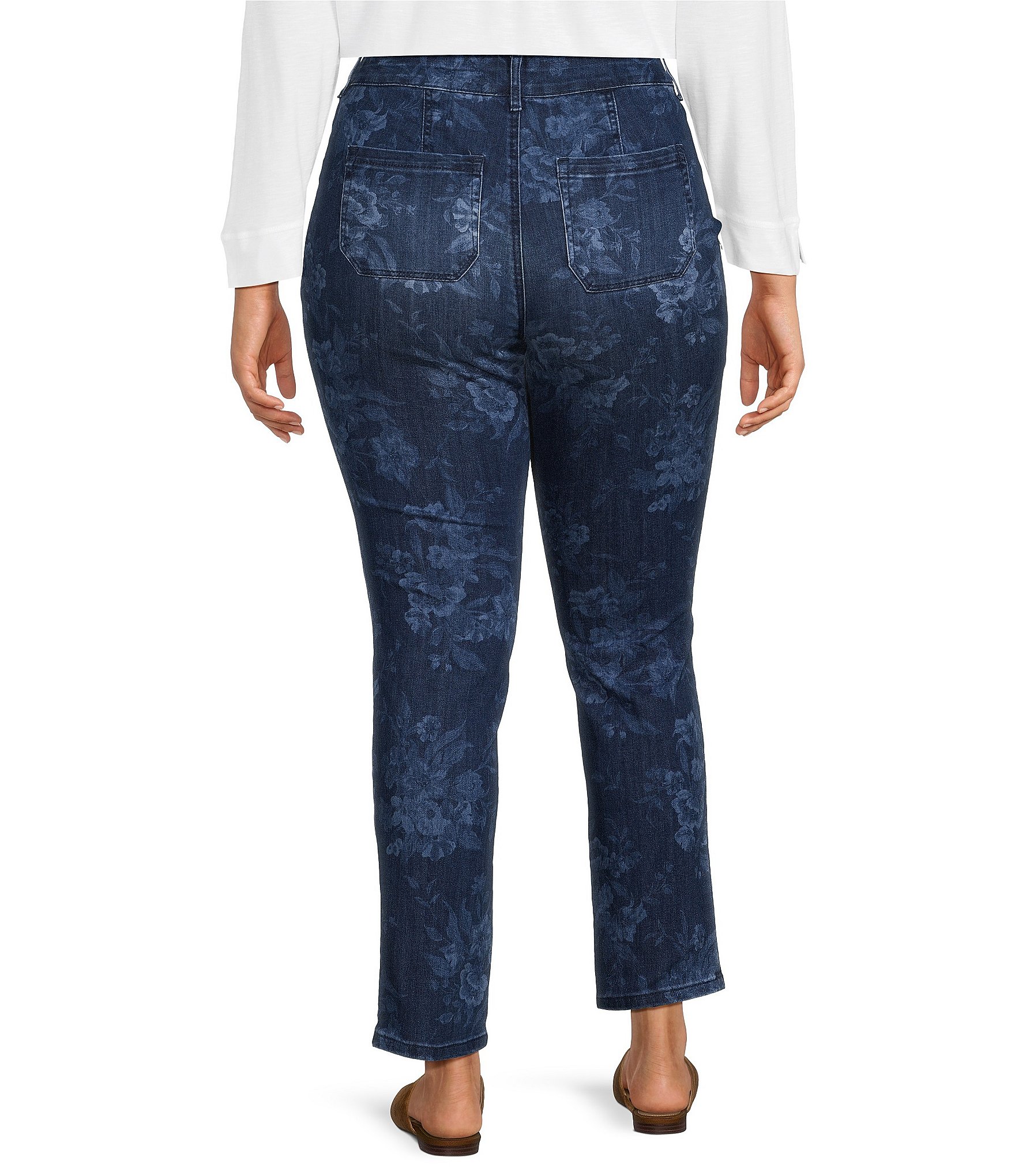 Westbound Plus Size Floral High Rise Patch Pocket Straight Leg Pull-On Pants