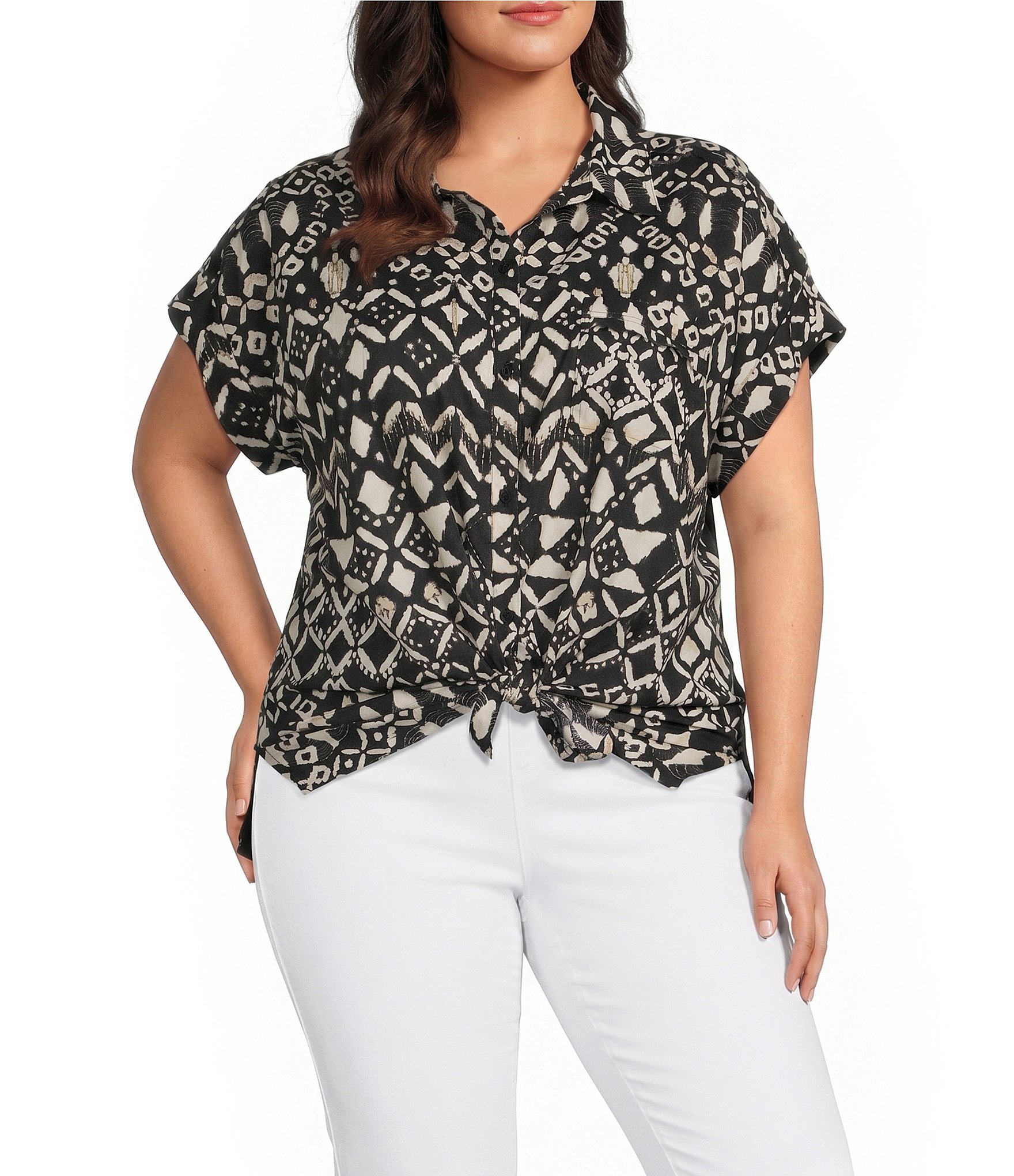 Westbound Plus Size Ikat Stripe Print Woven Button Front Top