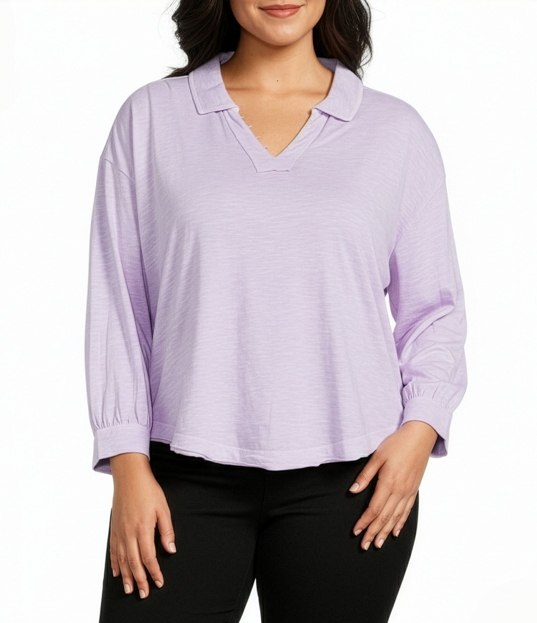 Westbound Plus Size Knit Long Sleeve V-Neck Collared Top