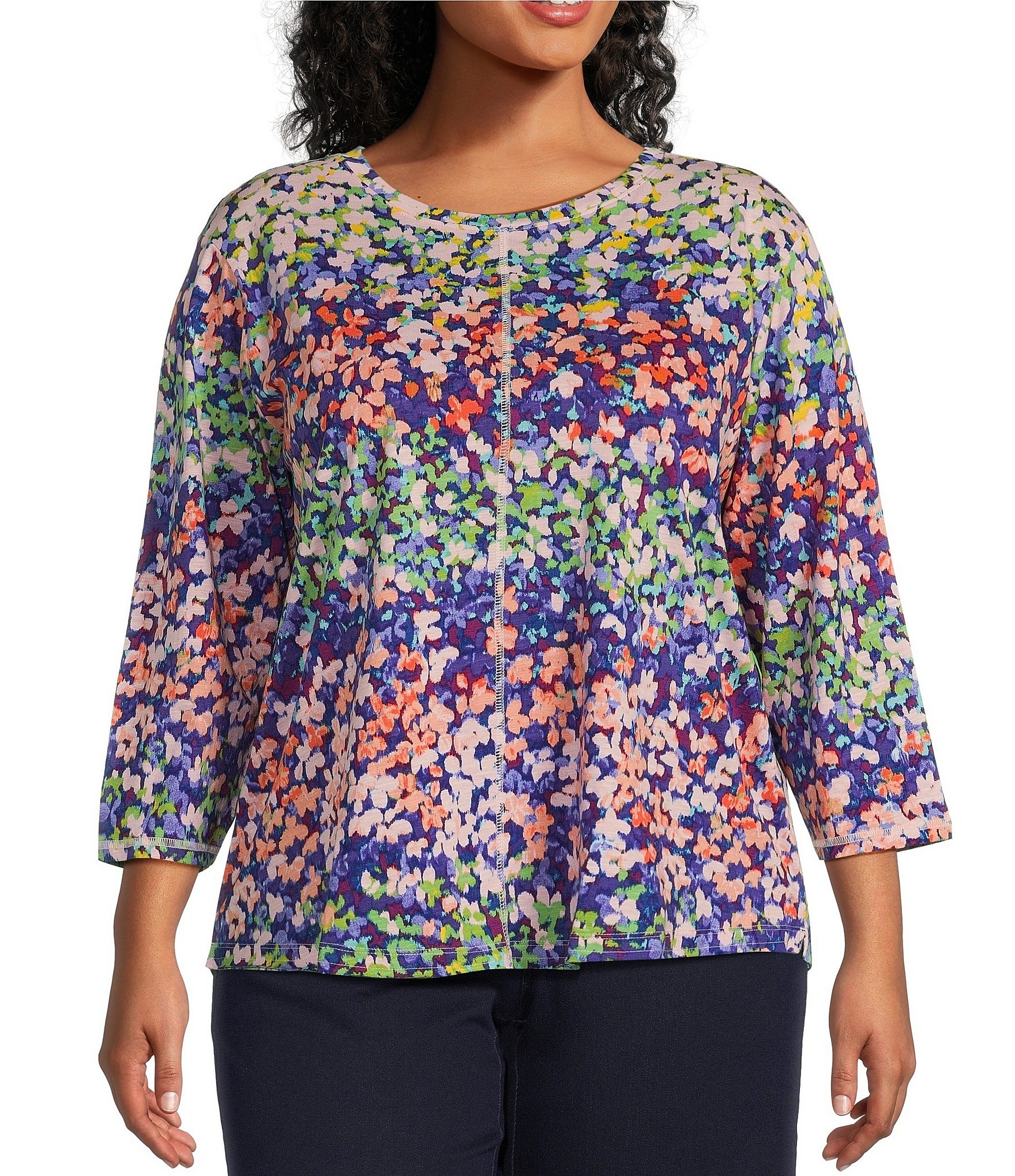 Westbound Plus Size Knit Floral 3 4 Sleeve Crew Neck Top Dillards