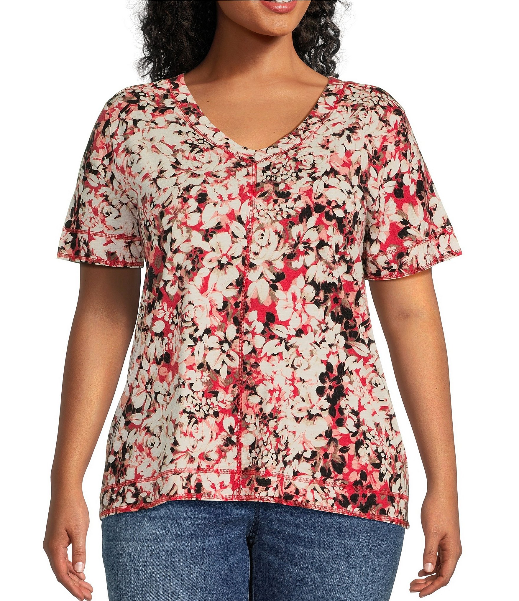 Westbound Plus Size Knit Floral Printed Short Sleeve V-Neck Top | Dillard's