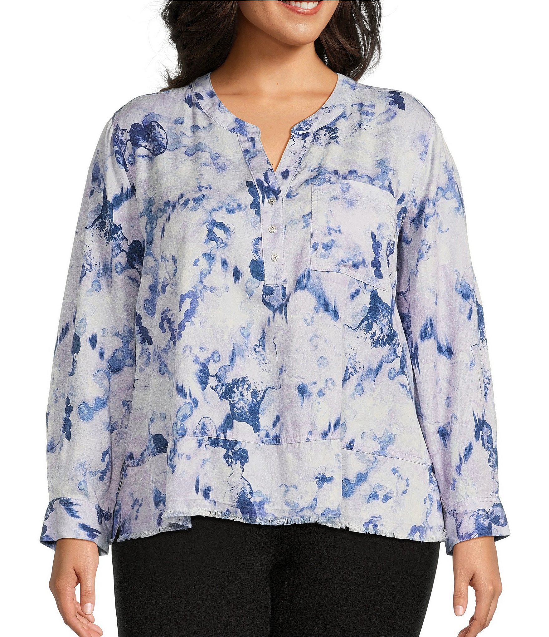 Westbound Plus Size Layered Splatter Woven 3/4 Roll-Tab Sleeve Henley Patch Pocket Top