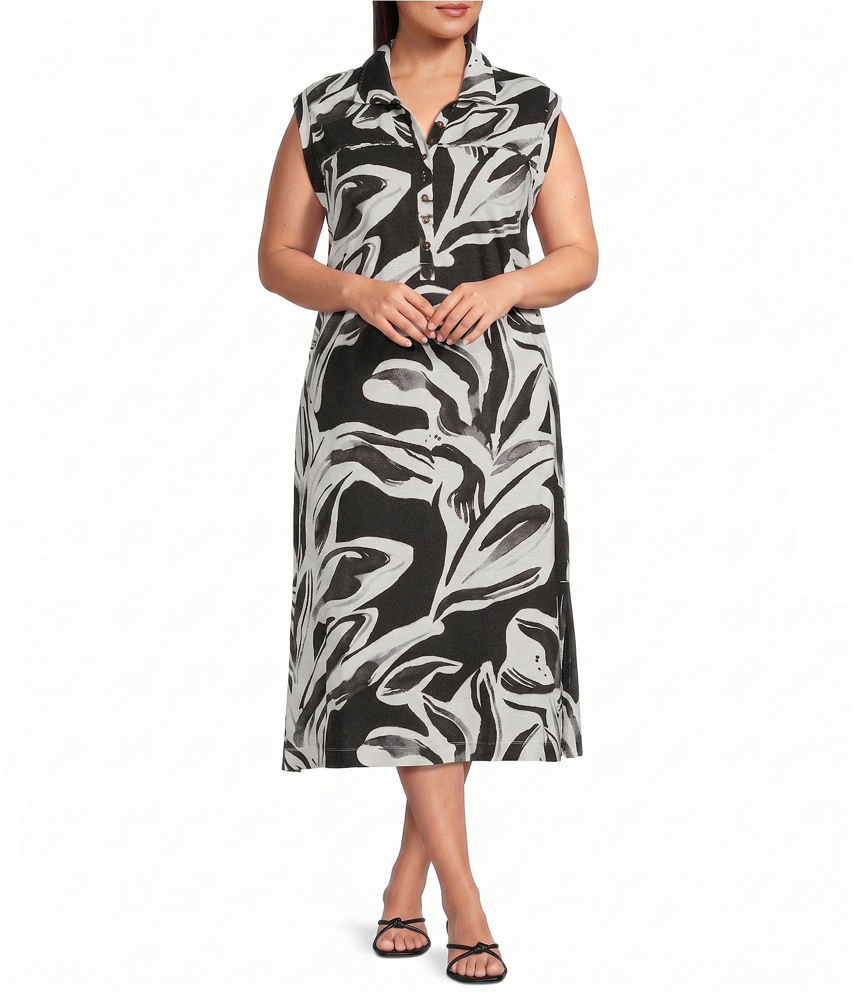 Westbound Plus Size Leaf Printed Y-Neck Button Front Collared Sleeveless A-Line Midi Dress